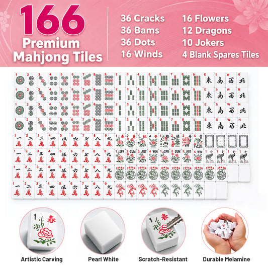 American Mahjong Set, 166 White Tiles 4 All-in-One Color Rack/Pushers Mahjong Tiles Set, Complete Travel Mahjong Set with Pink Carrying Bag