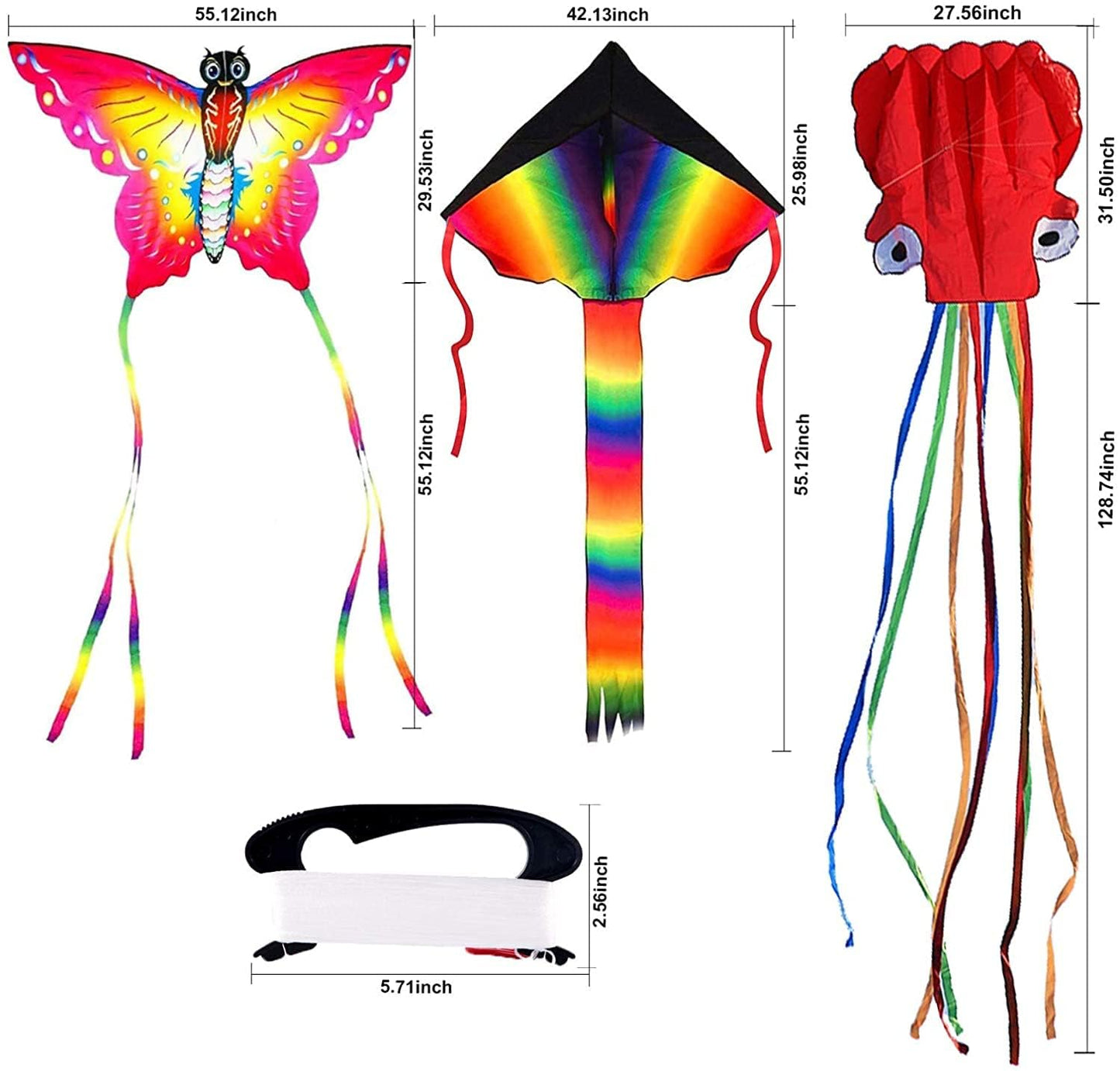 Crogift 3 Pack Kites Set for Kids & Adults Butterfly, Delta, and Octopus Polyester Kite Easy to Fly Assembly