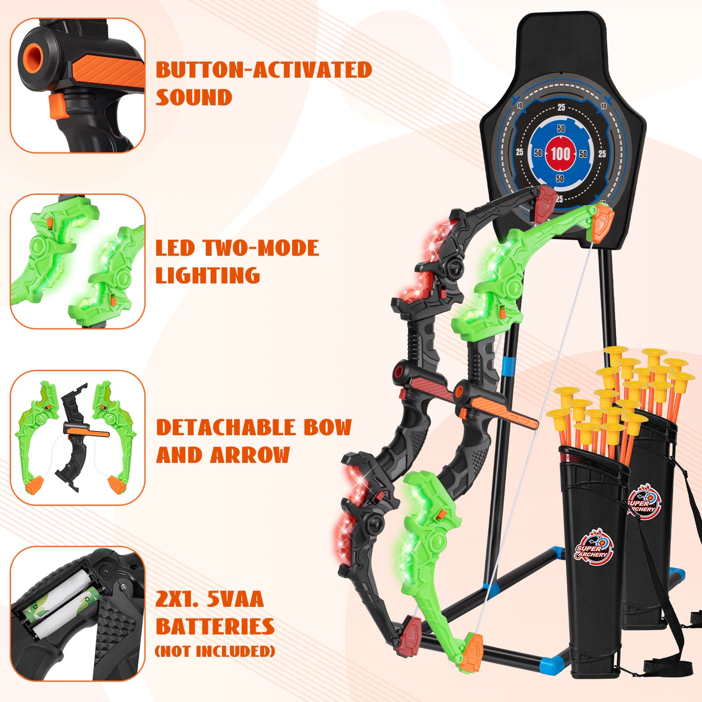 2 Pack Bow and Arrow Set for Kids, LED Light Up Archery Set with Sound Effects, 20 Suction Cup Arrows,1 Standing Target & 2 Quiver, Indoor and Outdoor Toy for Boys Girls Age 4-8 8-12 (Green&Red)