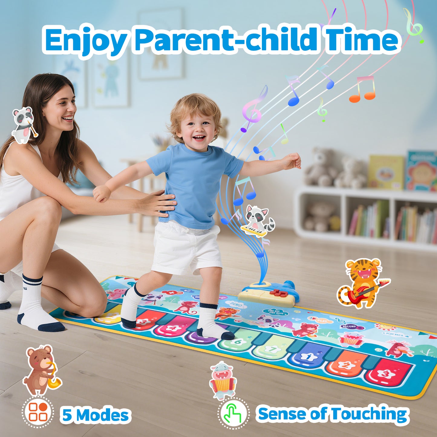 Piano Mat for Toddlers, 39.5in Musical Keyboard Floor Playmat, 10 Pianp Keys, 8 Instrument Sounds, Montessori Toys Gifts for 1-3 Year Boy Girl for Birthday Christma