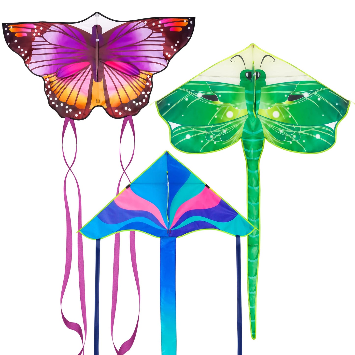 Crogift 3-Pack Large Kite Set Butterfly, Delta, and Dragonfly Easy to Fly Polyester Kites for Kids Ages 4-8 8-12 and Adults