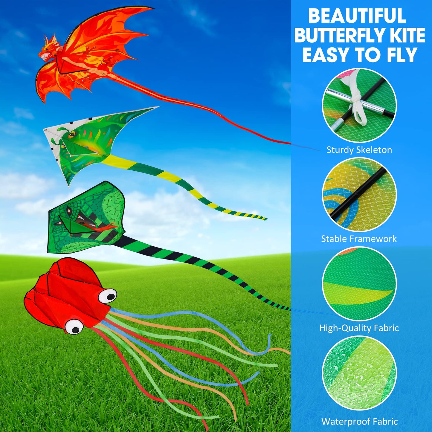 Crogift 4 Pack Kites Set Fire Dragon, Green Snake, Devil Fish, Red Octopus Easy Assembly & Flight Polyesters Kites for All Ages Kids Adults Outdoor Fun