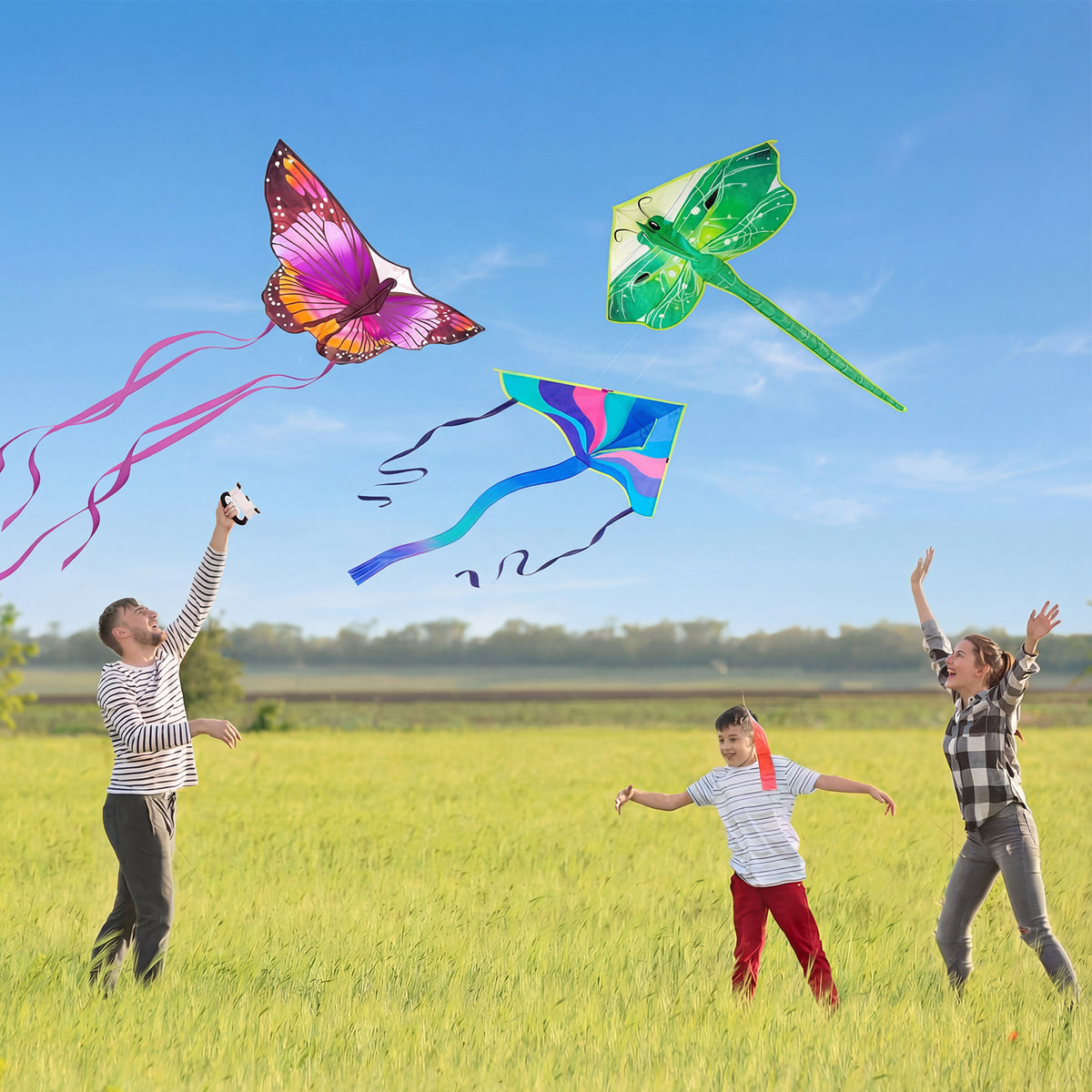 Crogift 3-Pack Large Kite Set Butterfly, Delta, and Dragonfly Easy to Fly Polyester Kites for Kids Ages 4-8 8-12 and Adults
