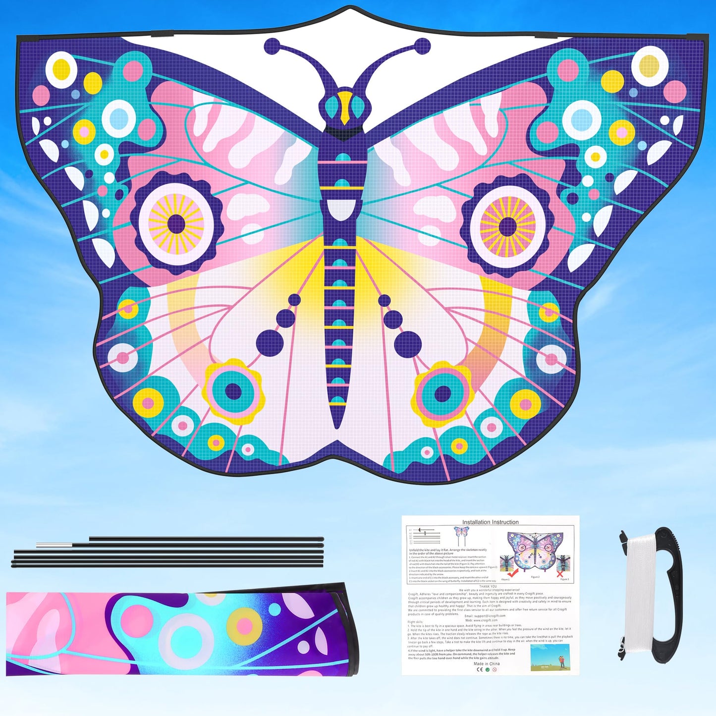 Crogift Butterfly Kites for Adults Easy to Fly Polyester Beginner Kite for kids Ages 4-8 8-12(Pink)