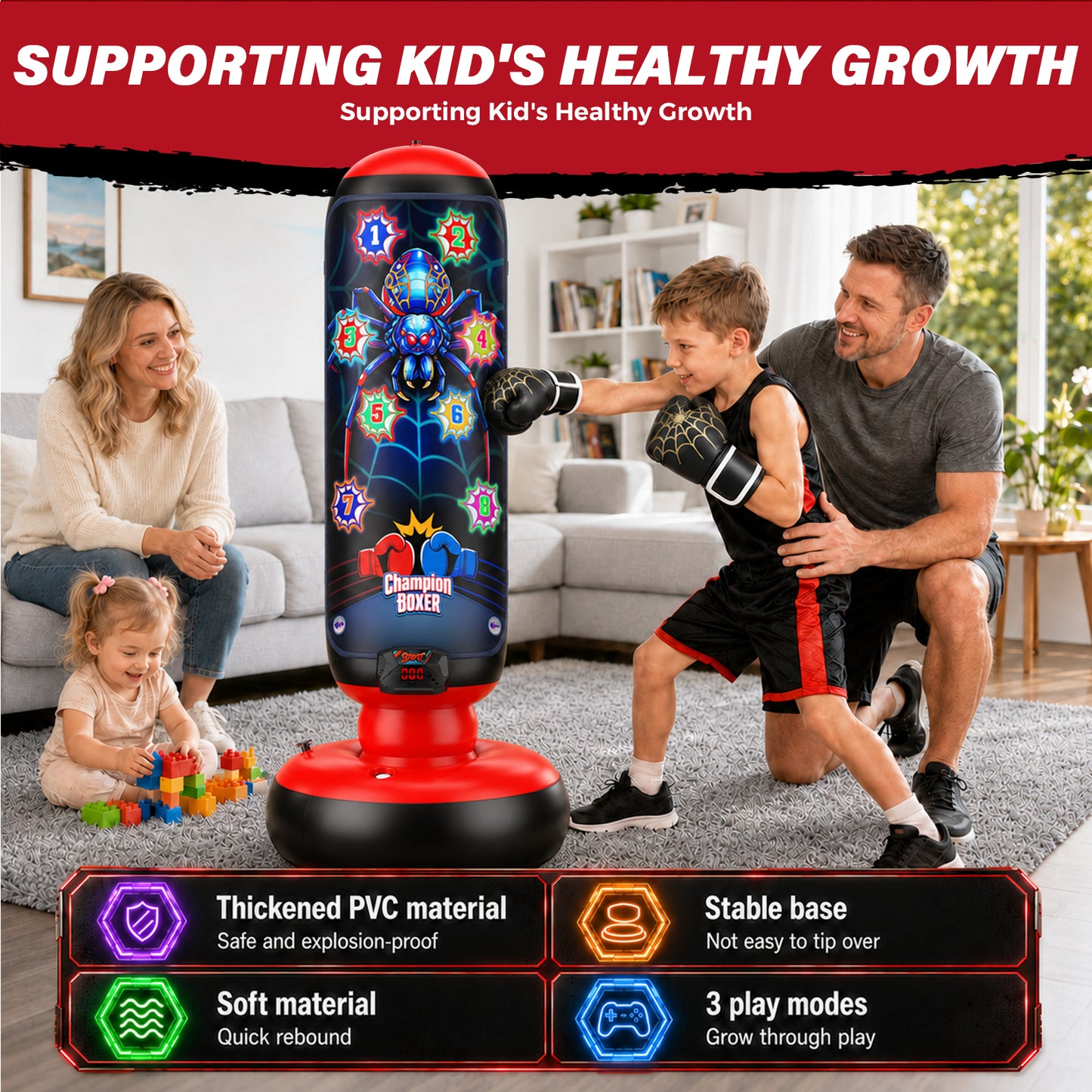 Punching Bag for Kids, Boxing bag with Light, Music, Scoring System, 4 Play Modes, Inflatable Boxing Toy with Gloves, Birthday Gifts Toys for 4-12 Years Boys and Girls