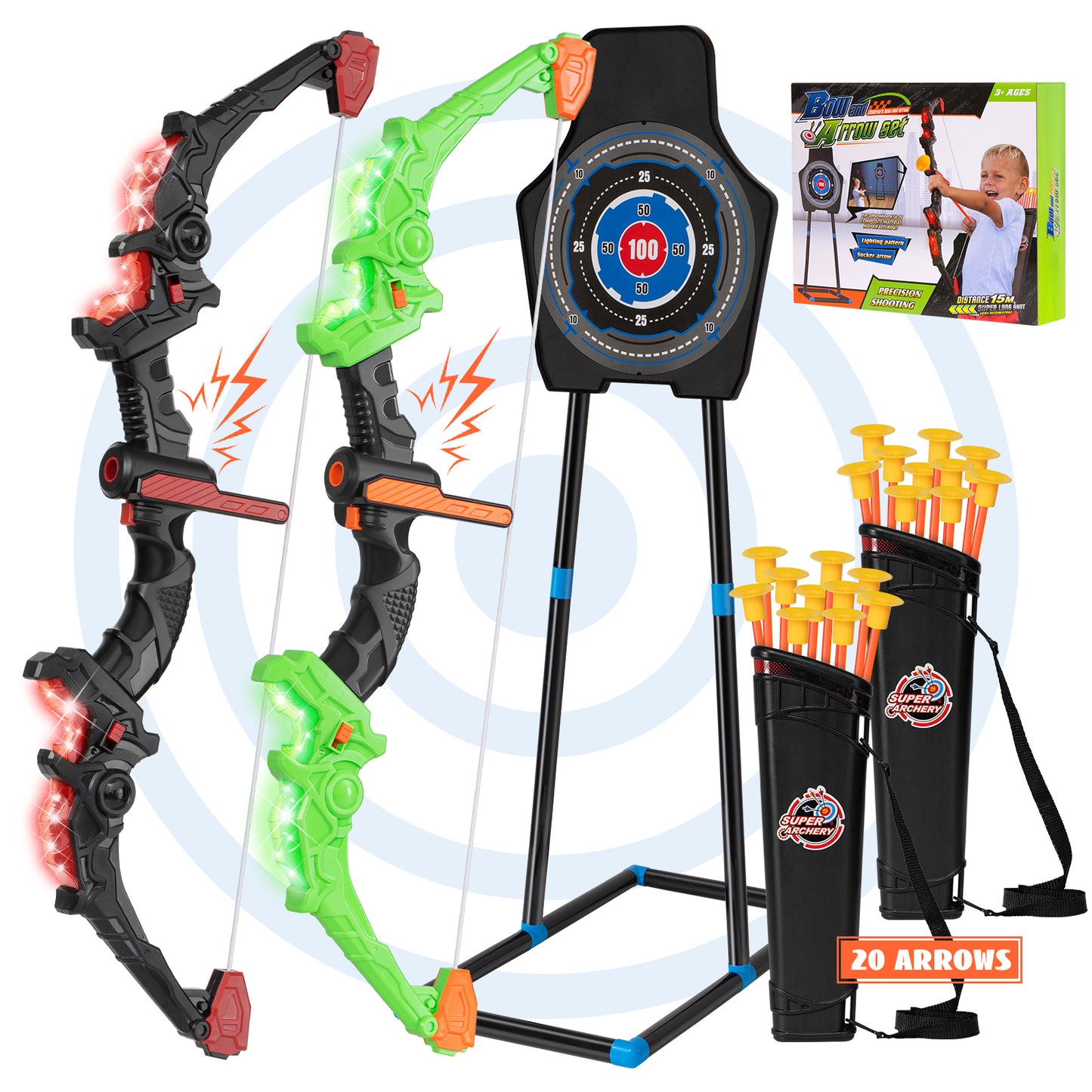 2 Pack Bow and Arrow Set for Kids, LED Light Up Archery Set with Sound Effects, 20 Suction Cup Arrows,1 Standing Target & 2 Quiver, Indoor and Outdoor Toy for Boys Girls Age 4-8 8-12 (Green&Red)