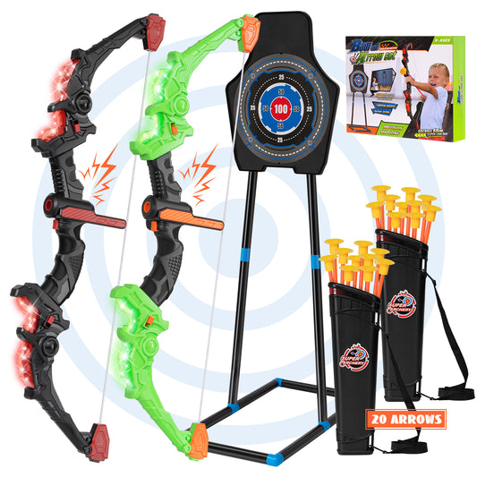 2 Pack Bow and Arrow Set for Kids, LED Light Up Archery Set with Sound Effects, 20 Suction Cup Arrows,1 Standing Target & 2 Quiver, Indoor and Outdoor Toy for Boys Girls Age 4-8 8-12 (Green&Red)