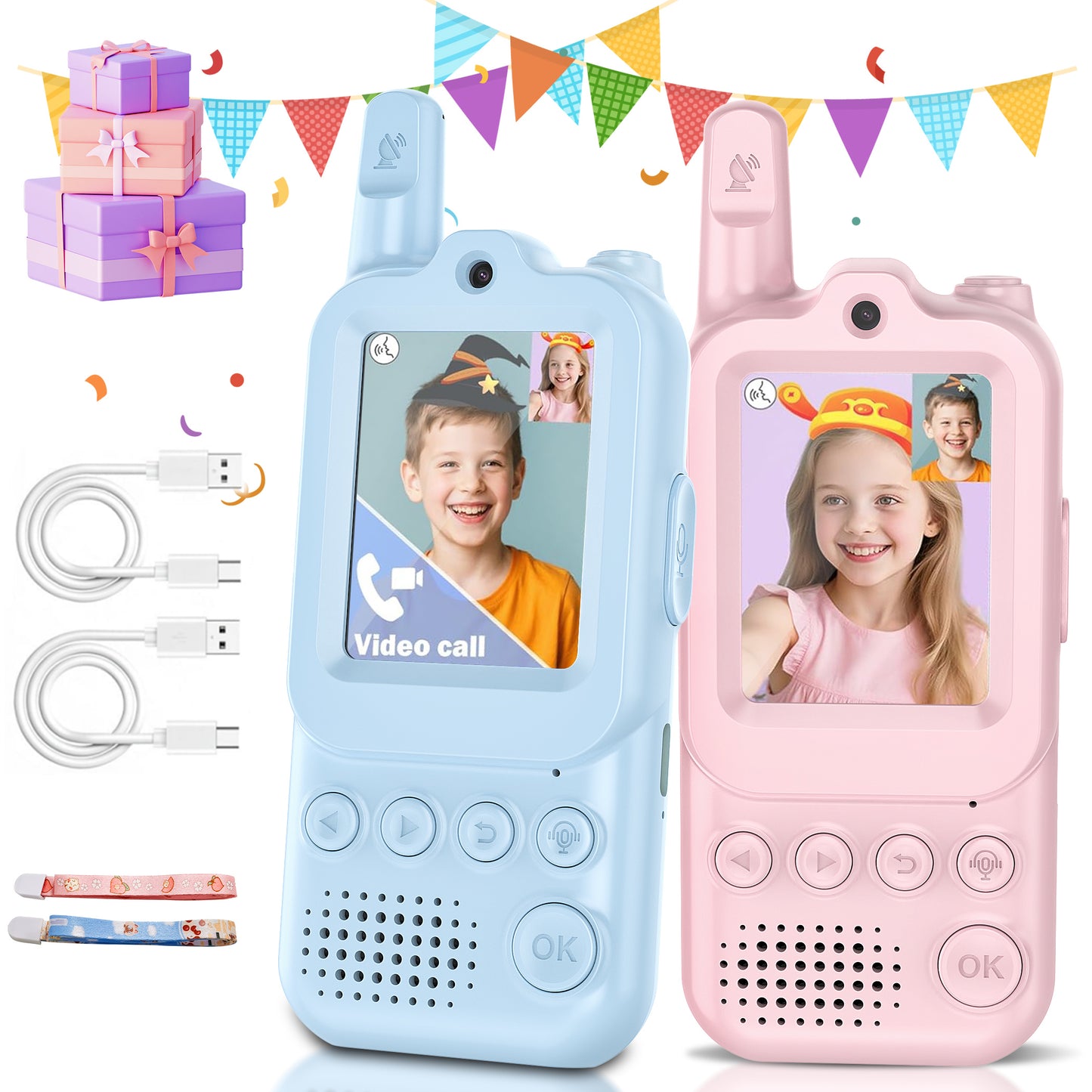 Video Walkie Talkies for Kids, Handheld 2 Pack Rechargeable Video Intercom Kids Walkies Talkies, with HD Camera & Voice Changer, Gifts for Boys & Girls Ages 3–10 (Pink+Blue)