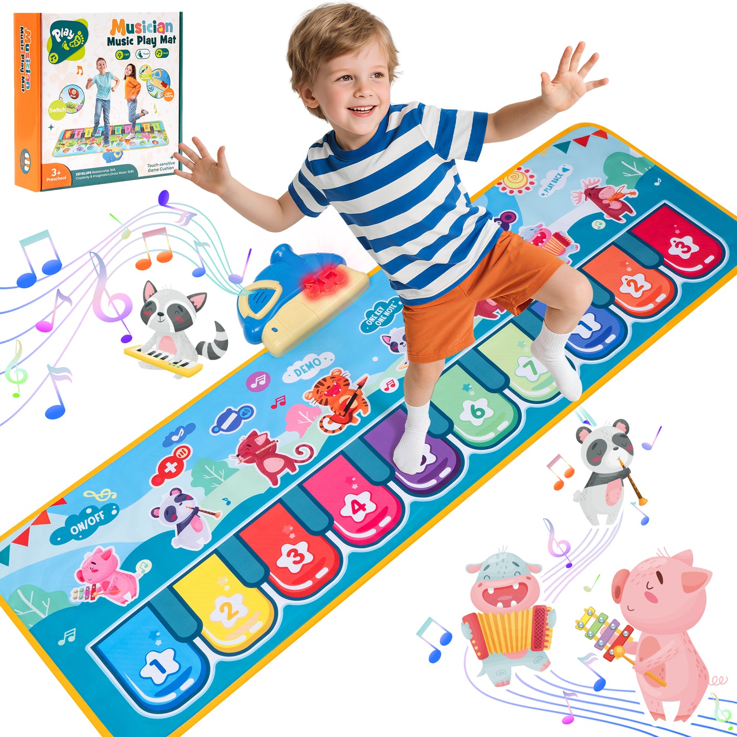 Piano Mat for Toddlers, 39.5in Musical Keyboard Floor Playmat, 10 Pianp Keys, 8 Instrument Sounds, Montessori Toys Gifts for 1-3 Year Boy Girl for Birthday Christma