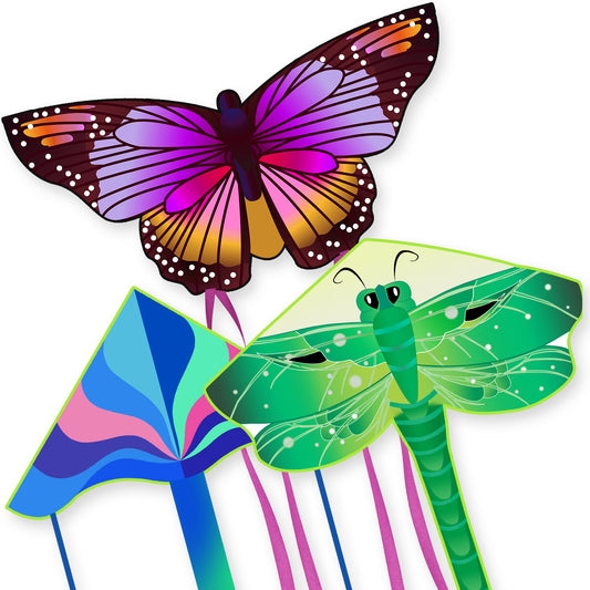 Crogift 3-Pack Large Kite Set Butterfly, Delta, and Dragonfly Easy to Fly Polyester Kites for Kids Ages 4-8 8-12 and Adults