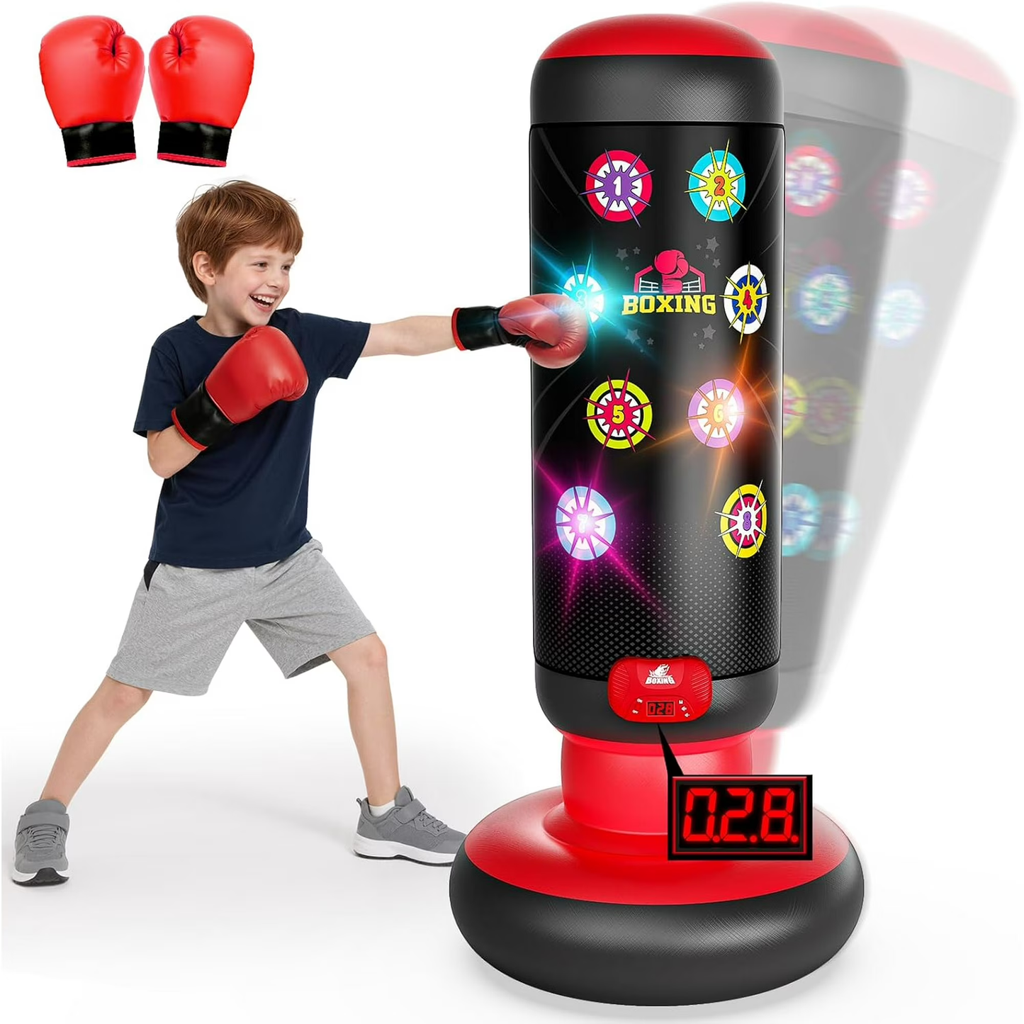 Punching Bag for Kids, Boxing Set with Scoring, Light, Music, 4 Game Modes, Inflatable Boxing Bag with Gloves, Birthday Gifts Toys for 4-8-12 Years Old Boys