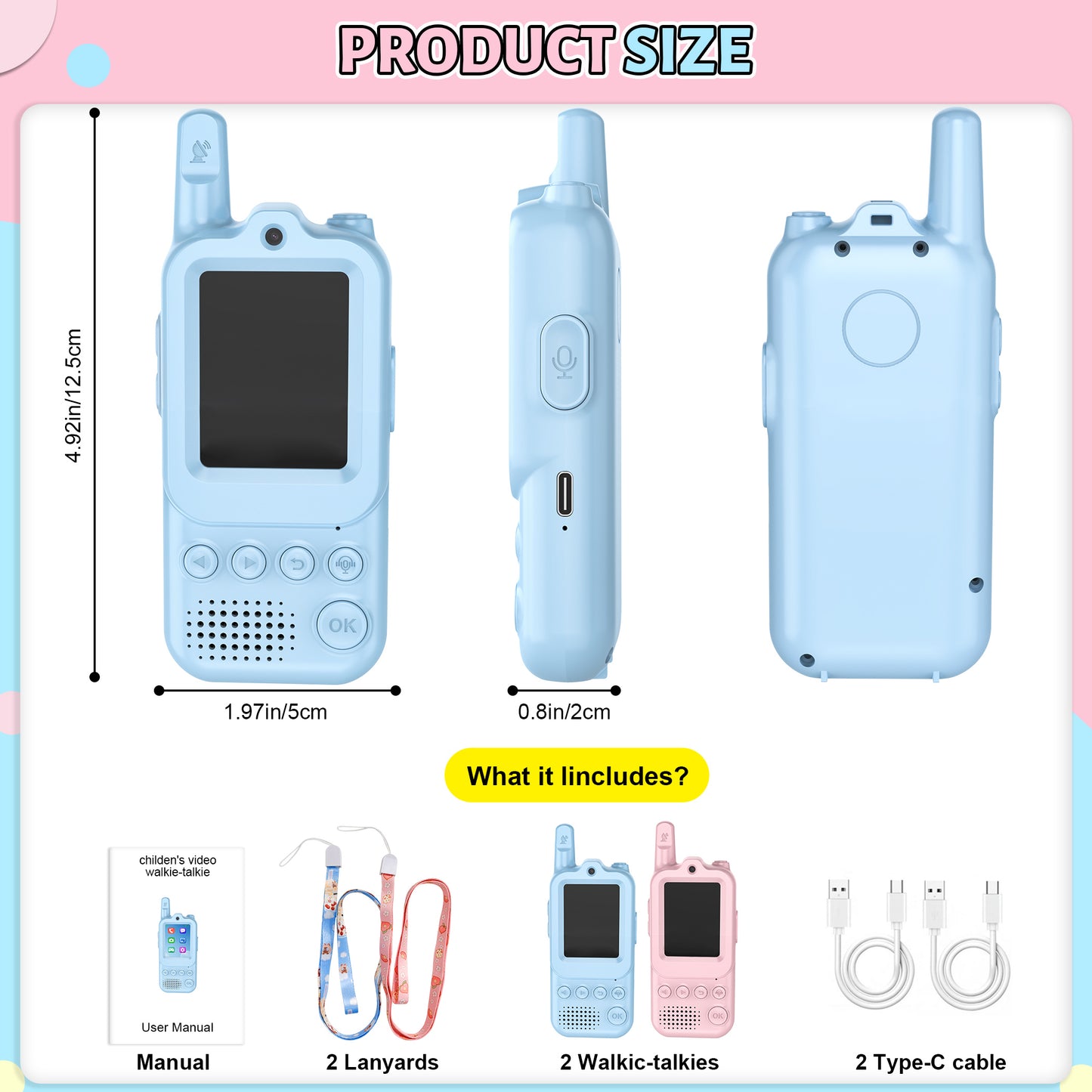 Video Walkie Talkies for Kids, Handheld 2 Pack Rechargeable Video Intercom Kids Walkies Talkies, with HD Camera & Voice Changer, Gifts for Boys & Girls Ages 3–10 (Pink+Blue)