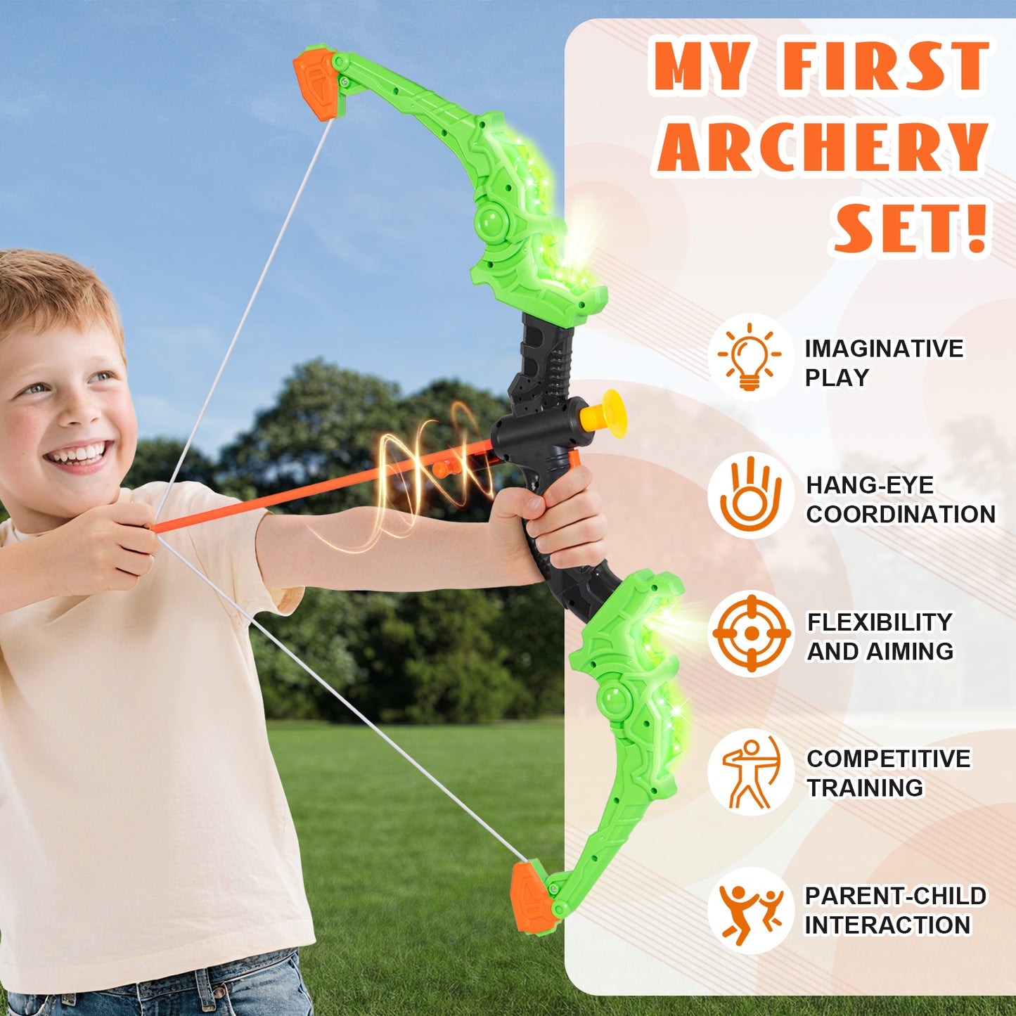 2 Pack Bow and Arrow Set for Kids, LED Light Up Archery Set with Sound Effects, 20 Suction Cup Arrows,1 Standing Target & 2 Quiver, Indoor and Outdoor Toy for Boys Girls Age 4-8 8-12 (Green&Red)