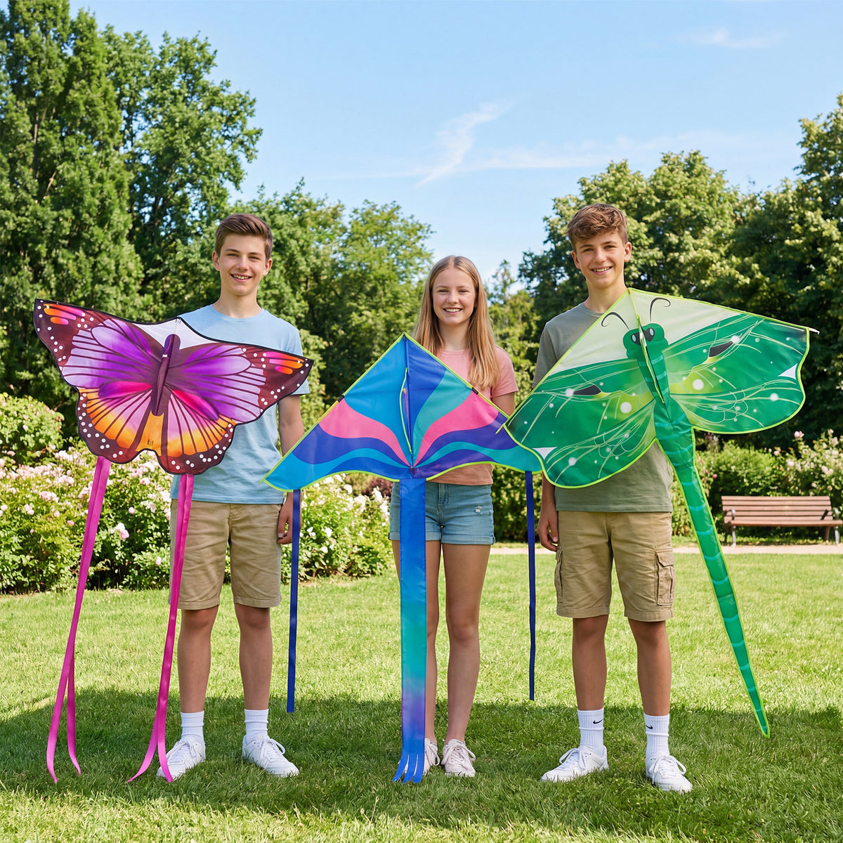 Crogift 3-Pack Large Kite Set Butterfly, Delta, and Dragonfly Easy to Fly Polyester Kites for Kids Ages 4-8 8-12 and Adults
