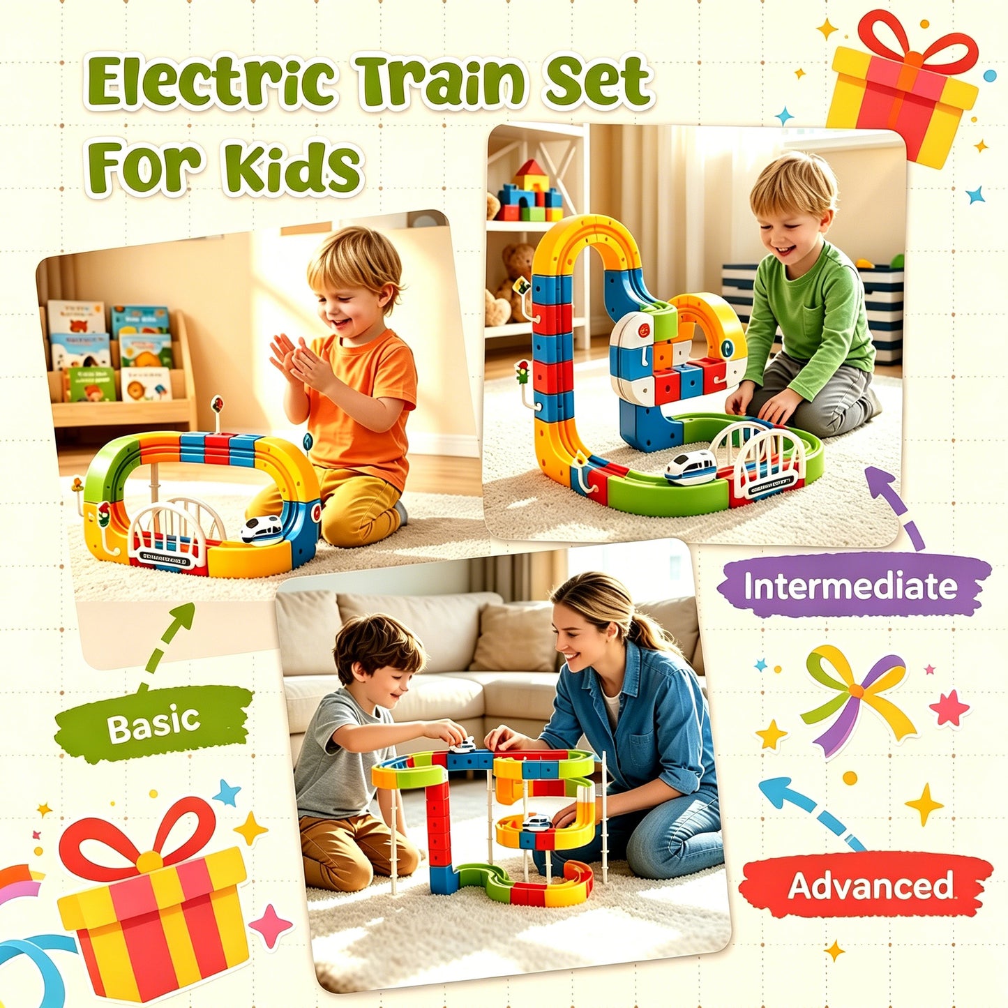 Electric Train Set for Kids, 3D Stem Electric Train Set with Train and Traffic Signs, 3D Racing Track Sets for Kids, 3+ Years Old Boys & Girls Birthday
