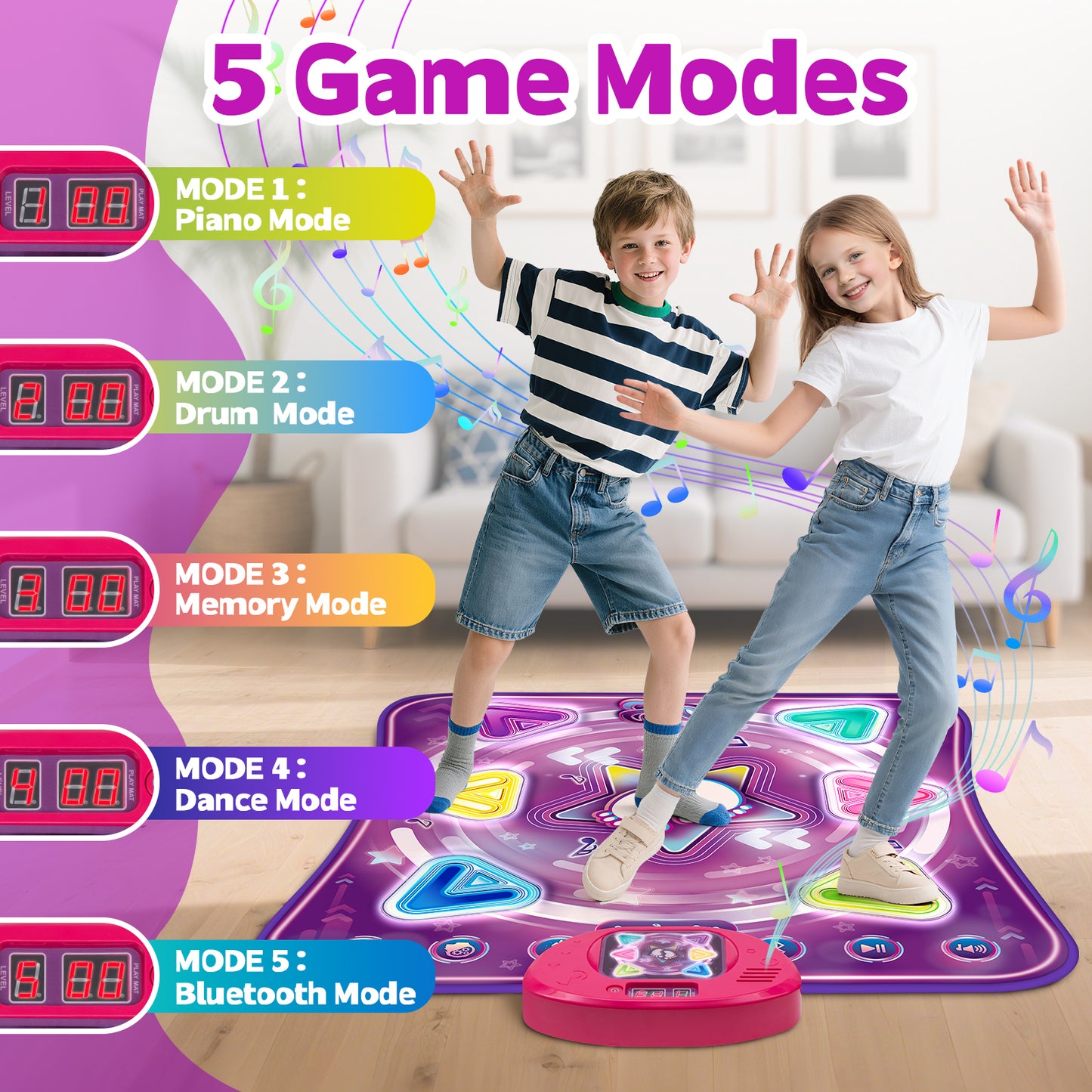 Dance Mat for Kids, Light-up Dance Pad with 6-Button Wireless Bluetooth, Music Dance with 5 Game Modes, Christmas Birthday Gifts for 3 4 5 6 7 8 9 10+ Year Old Girls Boys