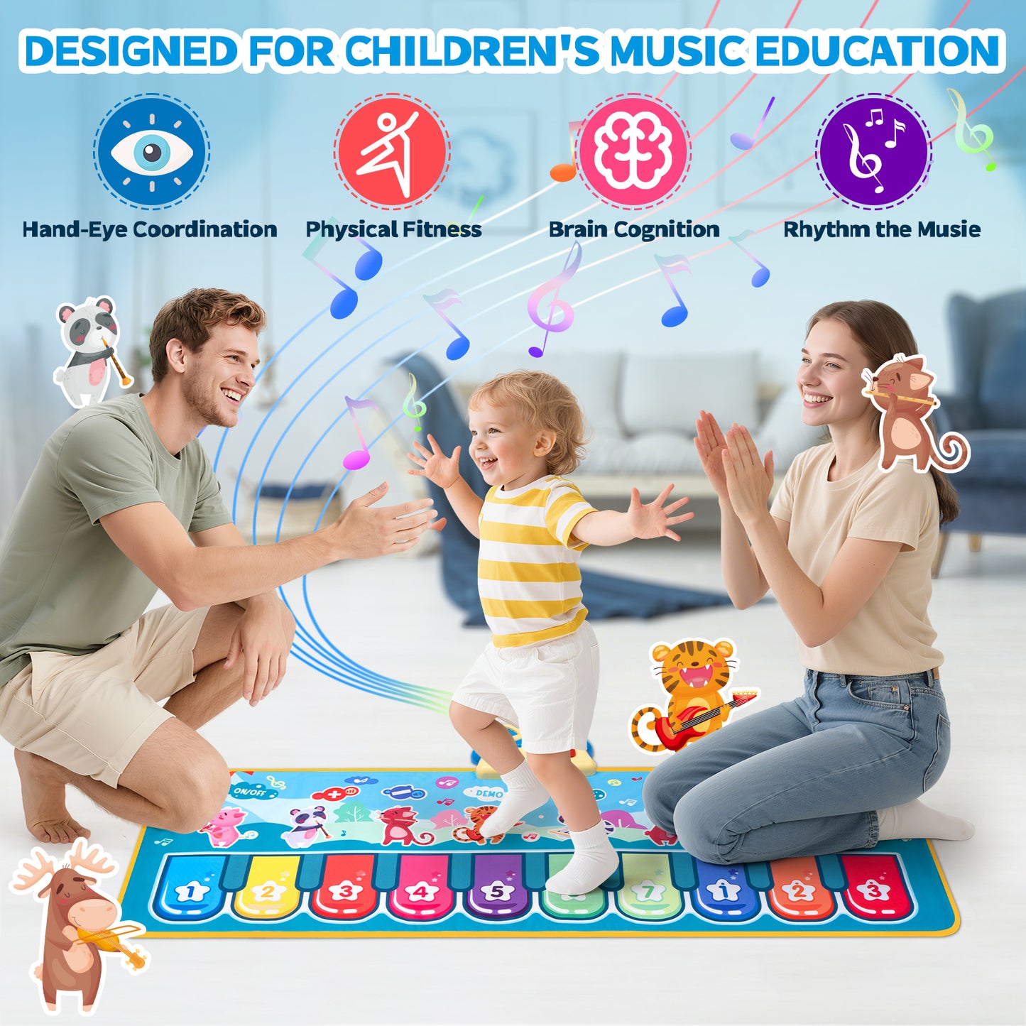 Piano Mat for Toddlers, 39.5in Musical Keyboard Floor Playmat, 10 Pianp Keys, 8 Instrument Sounds, Montessori Toys Gifts for 1-3 Year Boy Girl for Birthday Christma