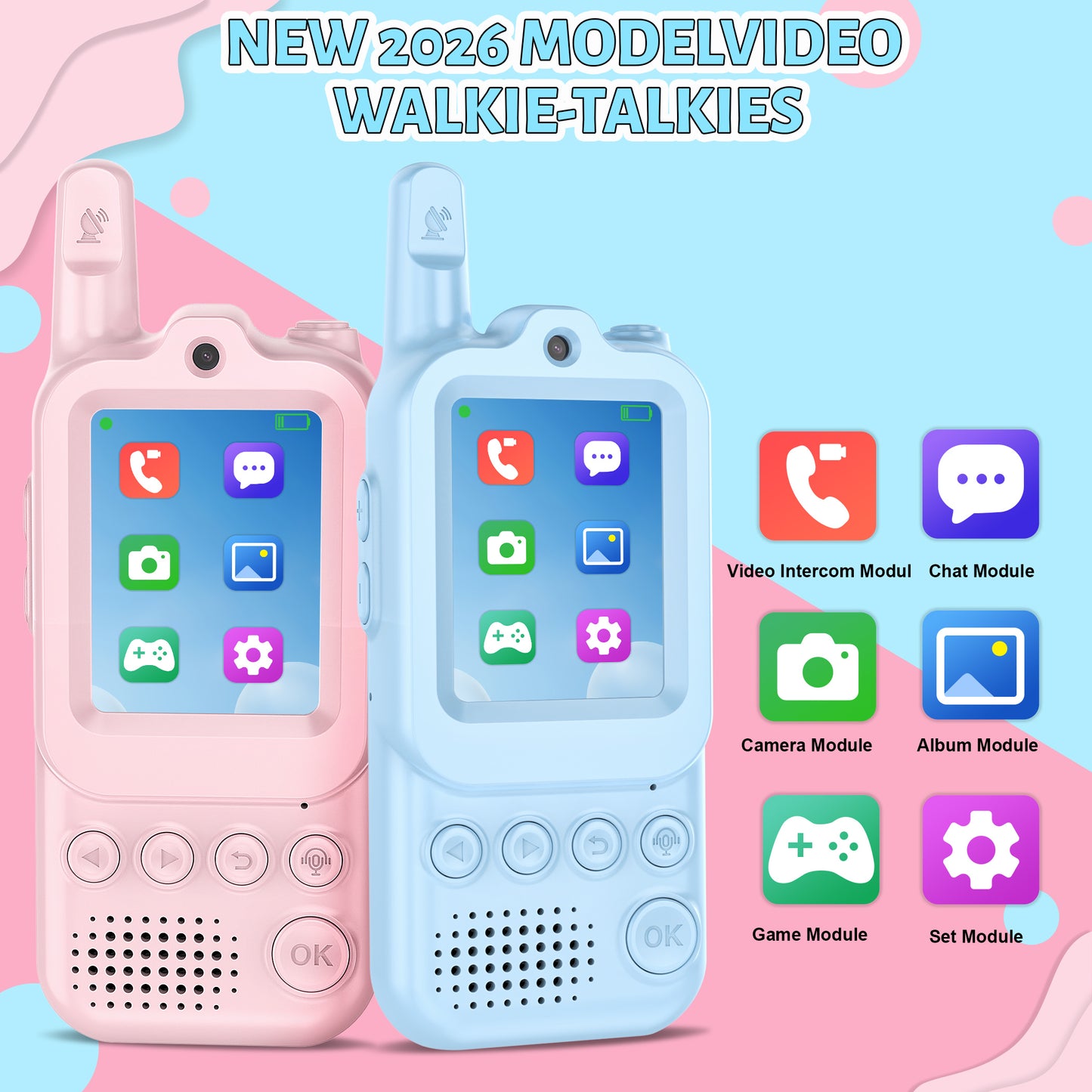 Video Walkie Talkies for Kids, Handheld 2 Pack Rechargeable Video Intercom Kids Walkies Talkies, with HD Camera & Voice Changer, Gifts for Boys & Girls Ages 3–10 (Pink+Blue)