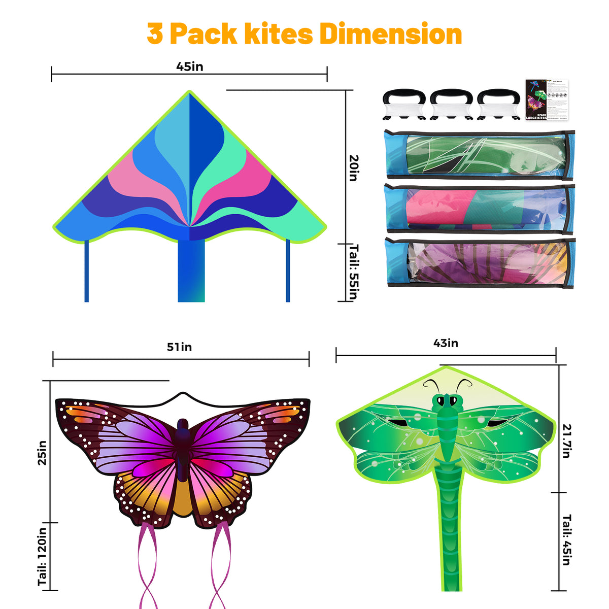 Crogift 3-Pack Large Kite Set Butterfly, Delta, and Dragonfly Easy to Fly Polyester Kites for Kids Ages 4-8 8-12 and Adults