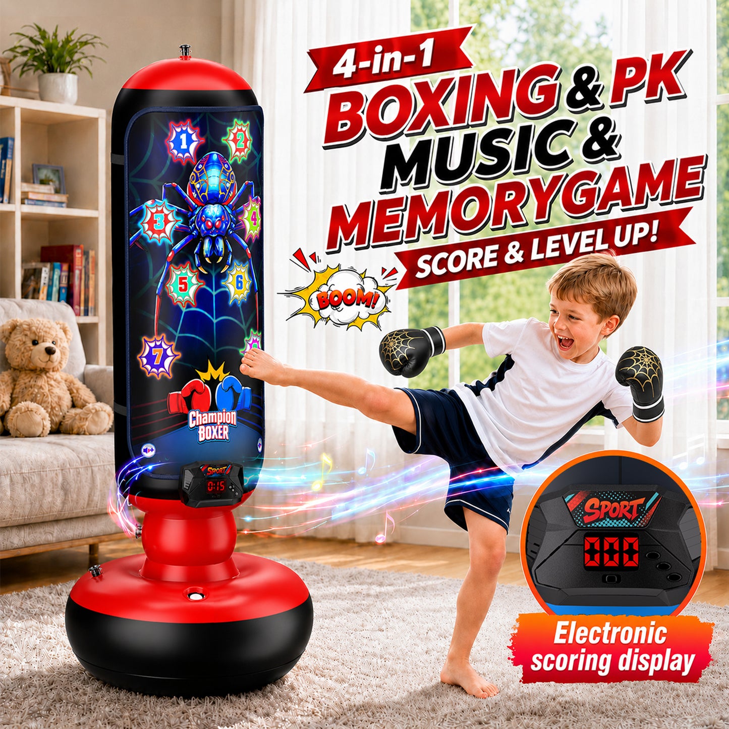Punching Bag for Kids, Boxing bag with Light, Music, Scoring System, 4 Play Modes, Inflatable Boxing Toy with Gloves, Birthday Gifts Toys for 4-12 Years Boys and Girls