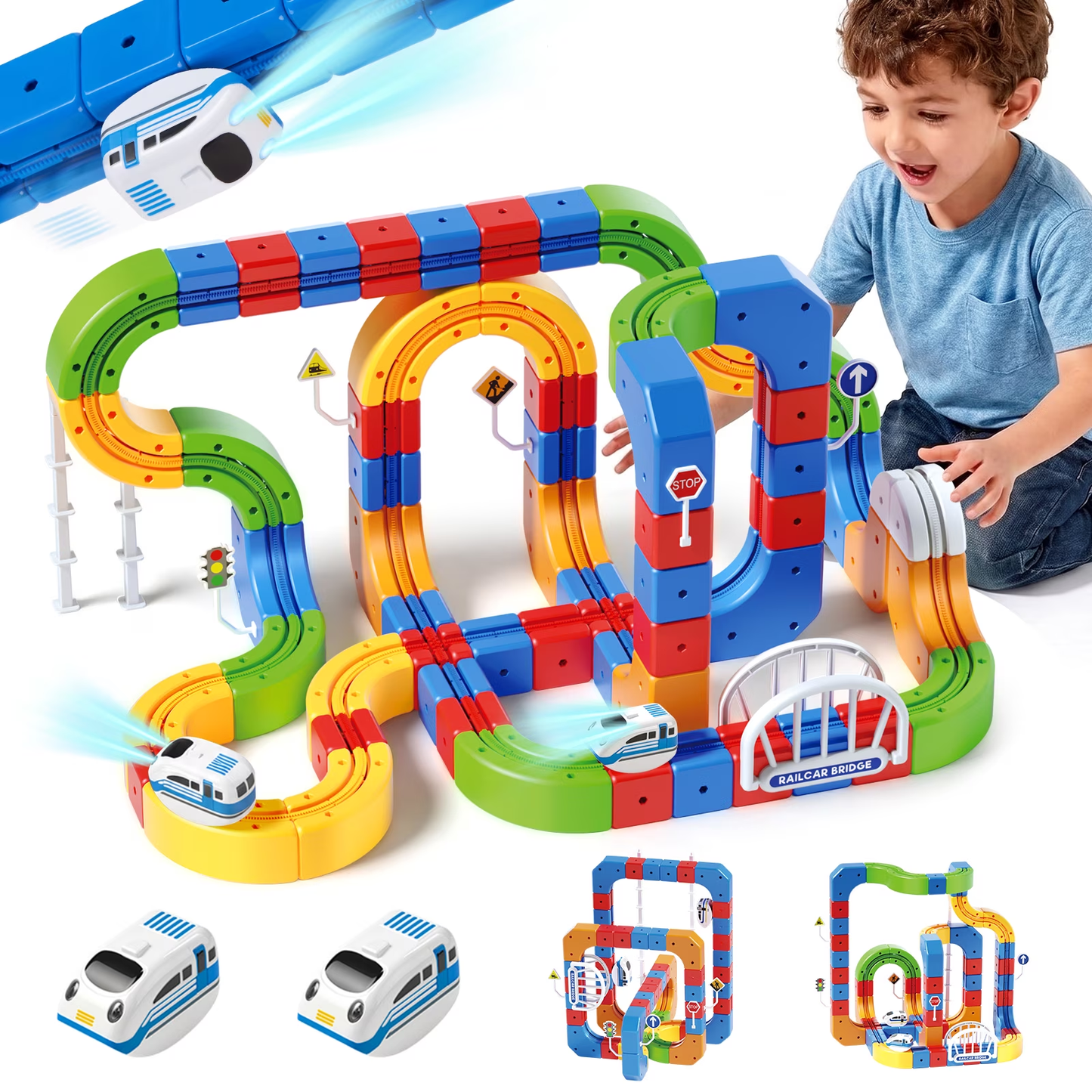 Electric Train Set for Kids, 3D Stem Electric Train Set with Train and Traffic Signs, 3D Racing Track Sets for Kids, 3+ Years Old Boys & Girls Birthday