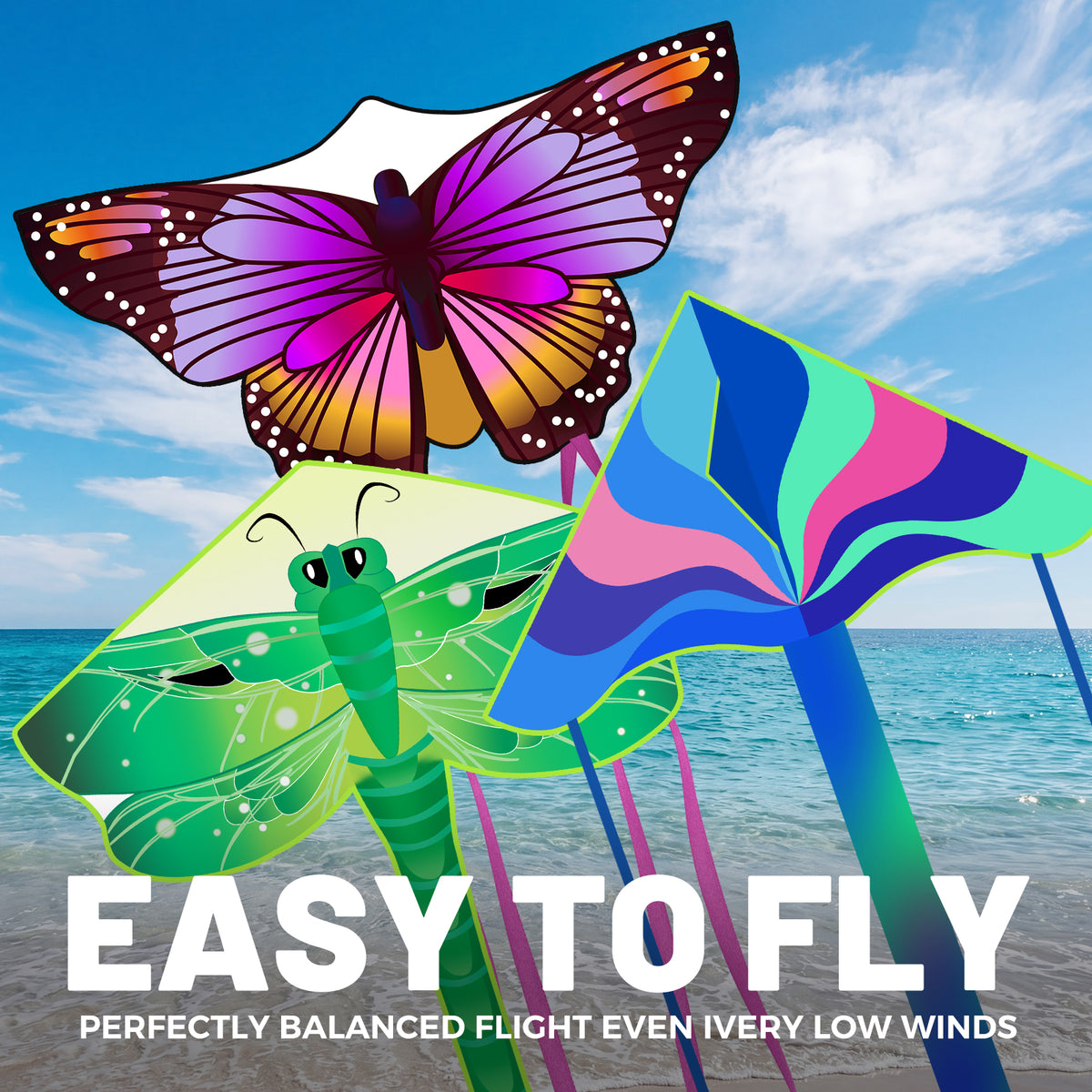 Crogift 3-Pack Large Kite Set Butterfly, Delta, and Dragonfly Easy to Fly Polyester Kites for Kids Ages 4-8 8-12 and Adults