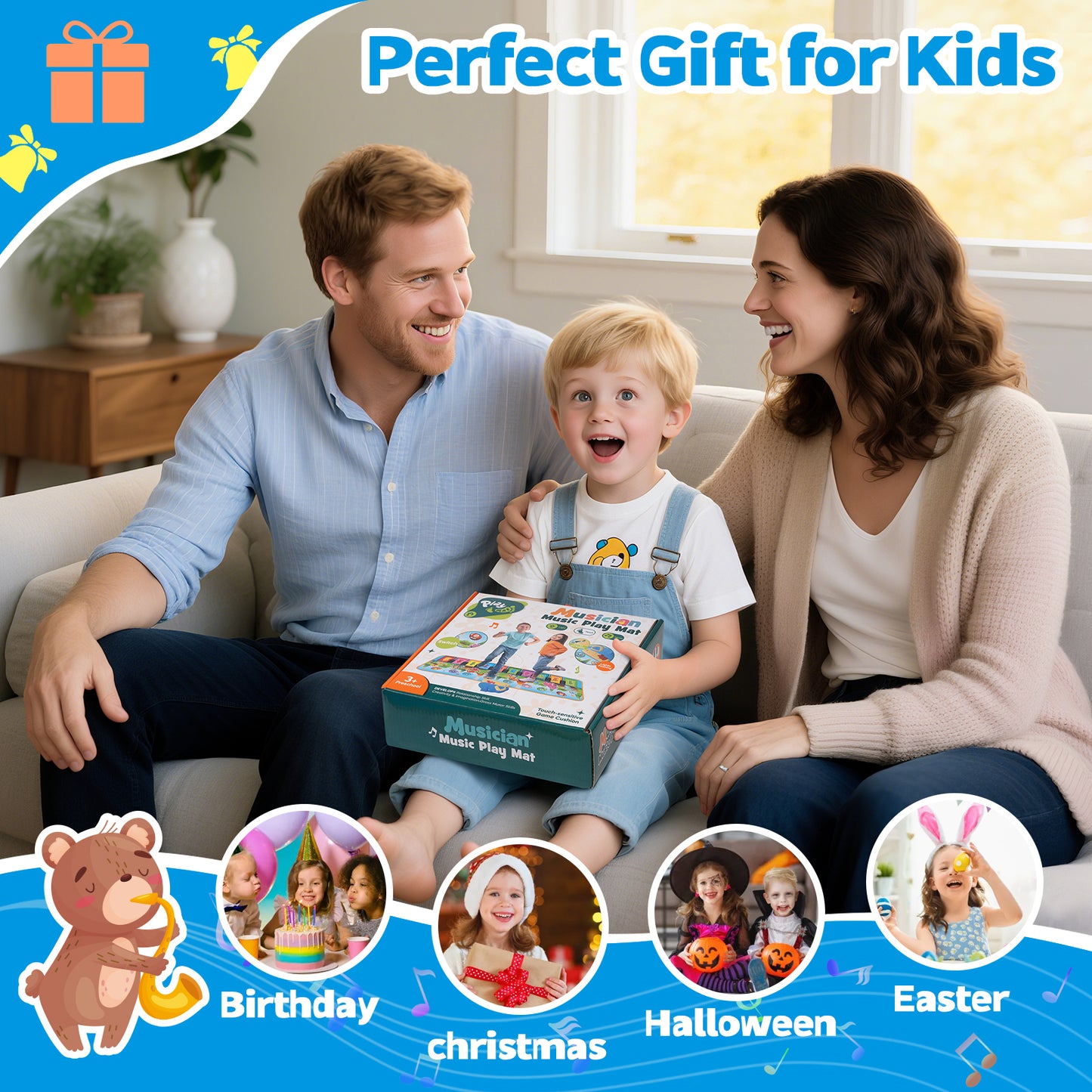 Piano Mat for Toddlers, 39.5in Musical Keyboard Floor Playmat, 10 Pianp Keys, 8 Instrument Sounds, Montessori Toys Gifts for 1-3 Year Boy Girl for Birthday Christma