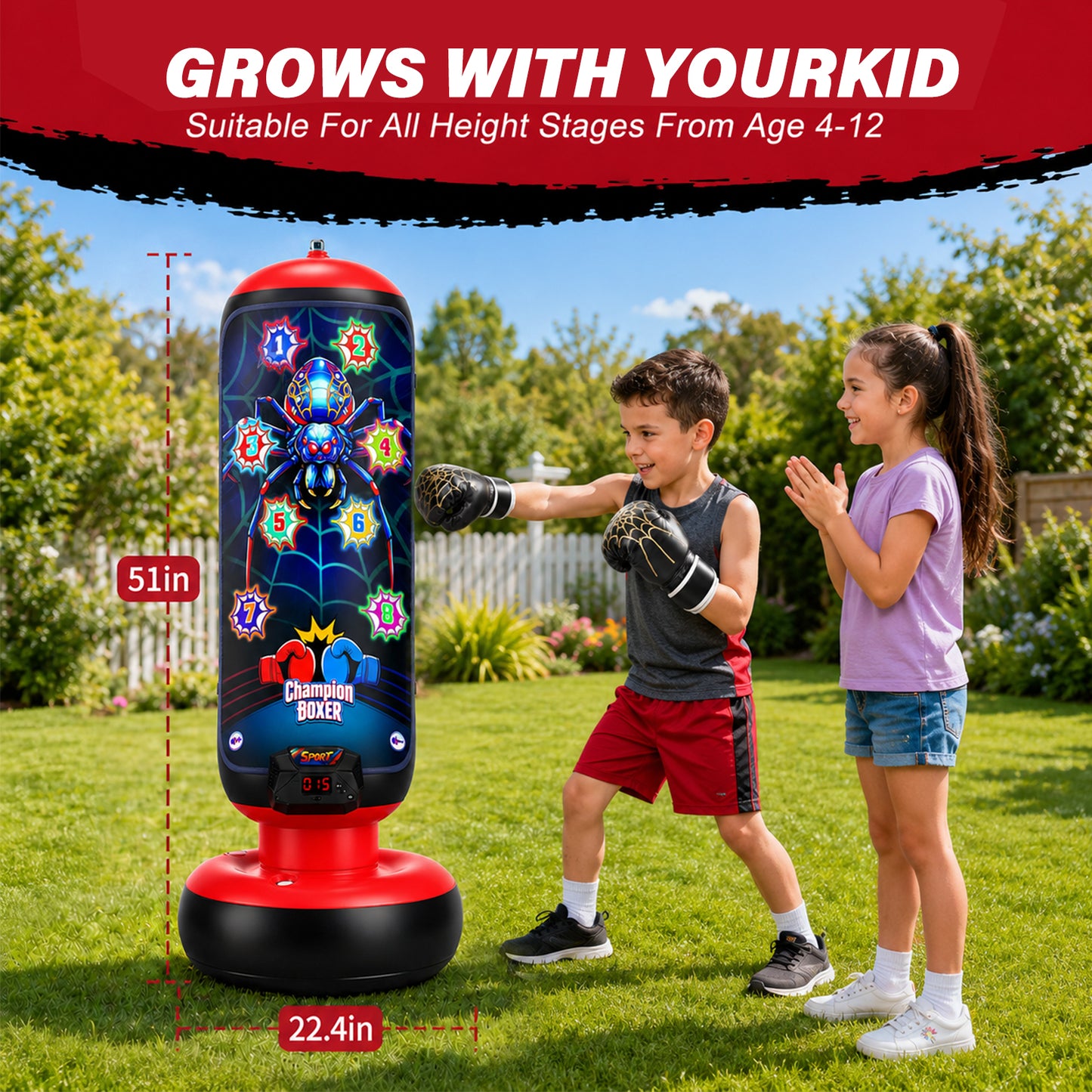 Punching Bag for Kids, Boxing bag with Light, Music, Scoring System, 4 Play Modes, Inflatable Boxing Toy with Gloves, Birthday Gifts Toys for 4-12 Years Boys and Girls