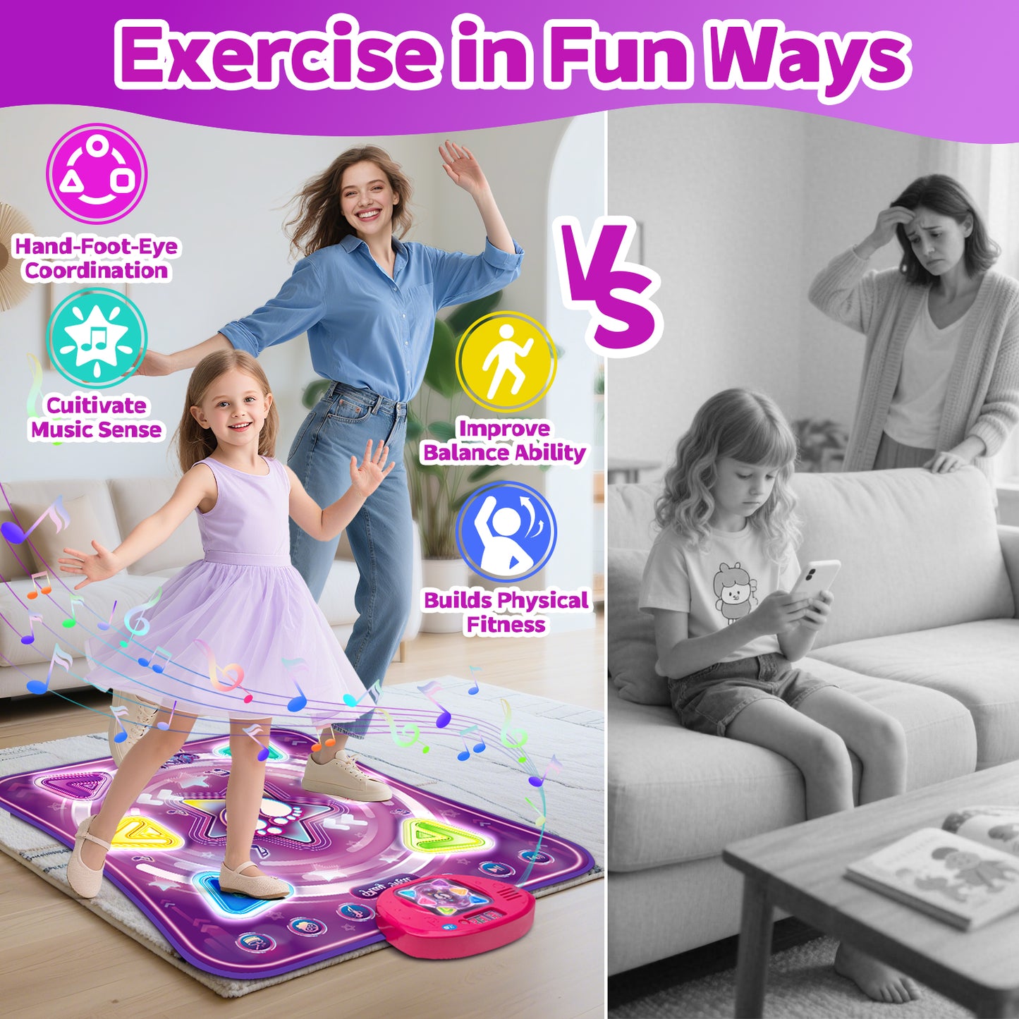 Dance Mat for Kids, Light-up Dance Pad with 6-Button Wireless Bluetooth, Music Dance with 5 Game Modes, Christmas Birthday Gifts for 3 4 5 6 7 8 9 10+ Year Old Girls Boys