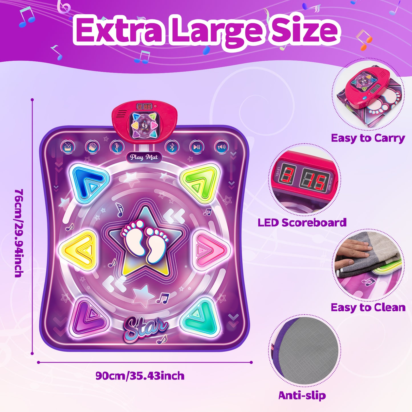 Dance Mat for Kids, Light-up Dance Pad with 6-Button Wireless Bluetooth, Music Dance with 5 Game Modes, Christmas Birthday Gifts for 3 4 5 6 7 8 9 10+ Year Old Girls Boys