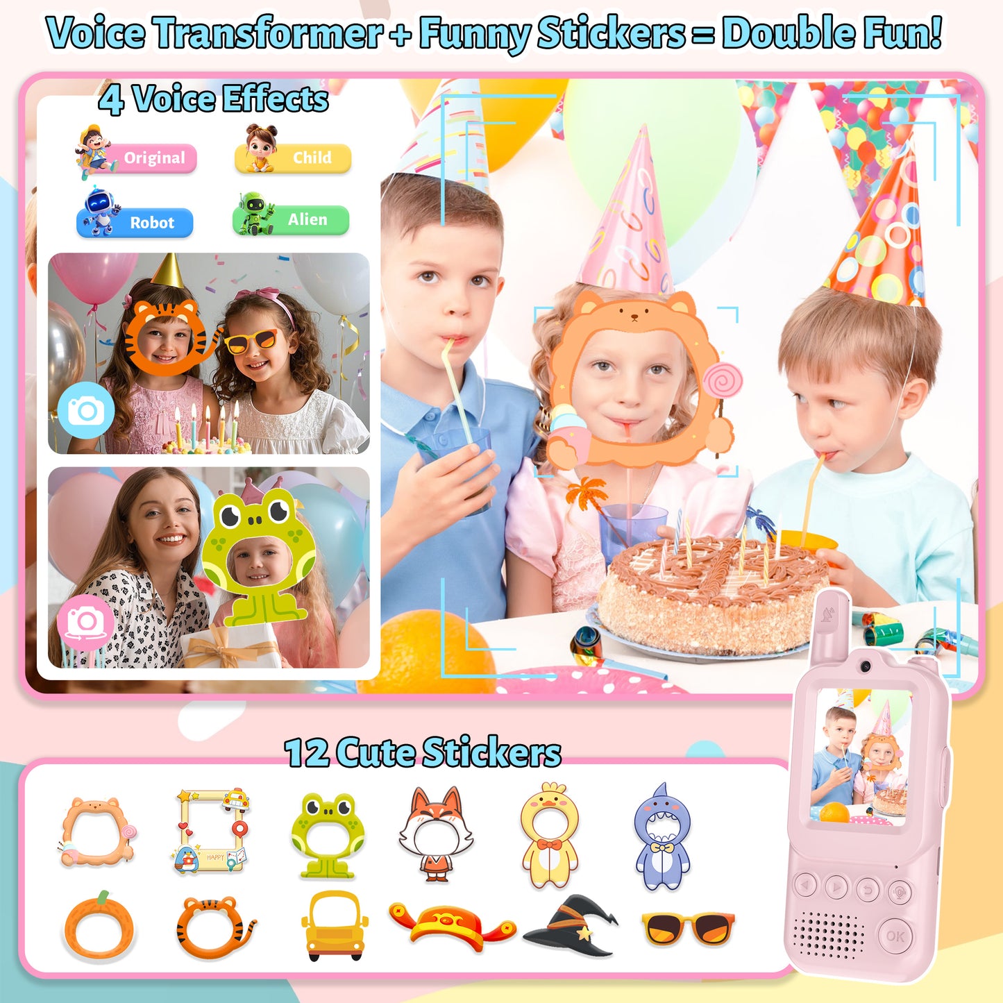 Video Walkie Talkies for Kids, Handheld 2 Pack Rechargeable Video Intercom Kids Walkies Talkies, with HD Camera & Voice Changer, Gifts for Boys & Girls Ages 3–10 (Pink+Blue)