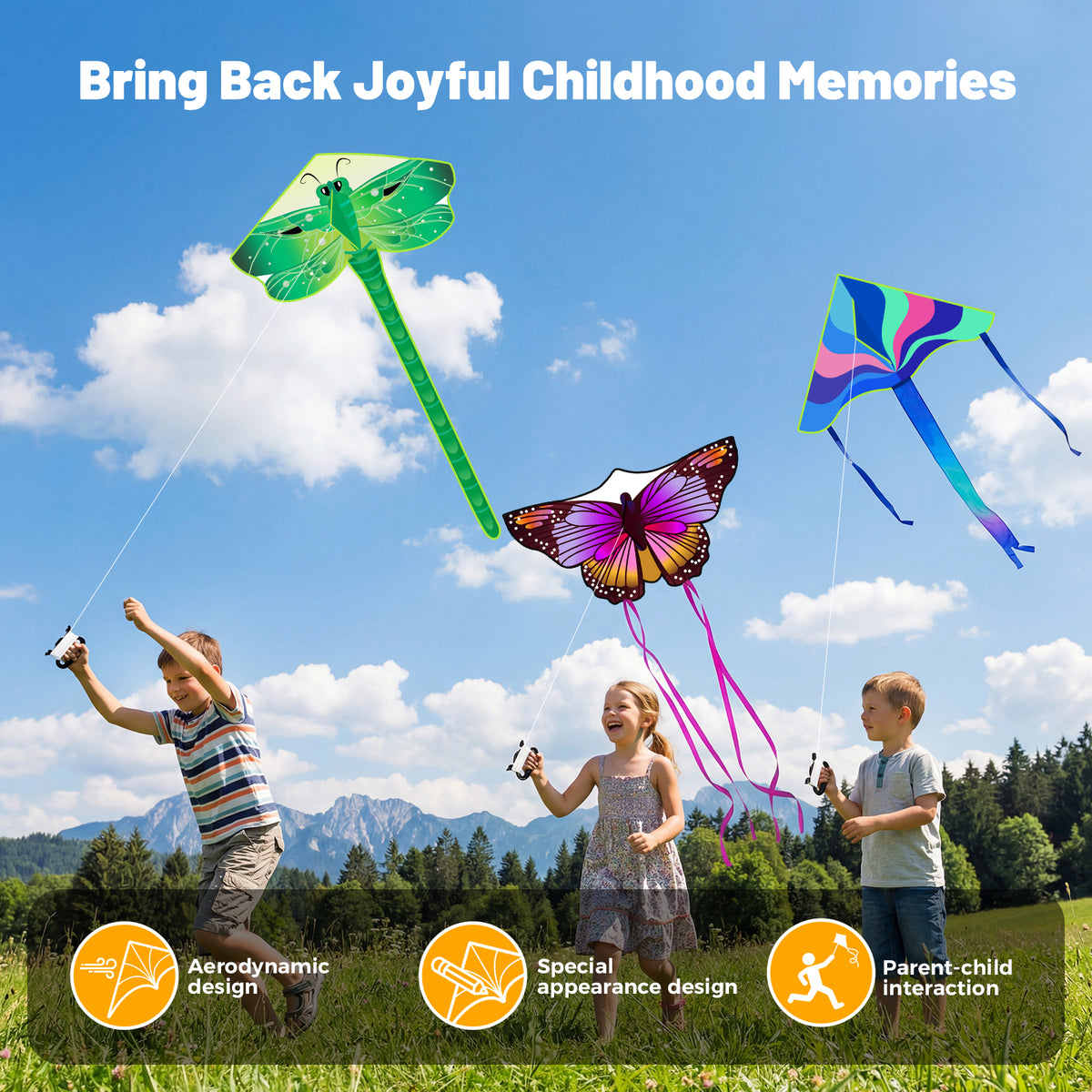 Crogift 3-Pack Large Kite Set Butterfly, Delta, and Dragonfly Easy to Fly Polyester Kites for Kids Ages 4-8 8-12 and Adults