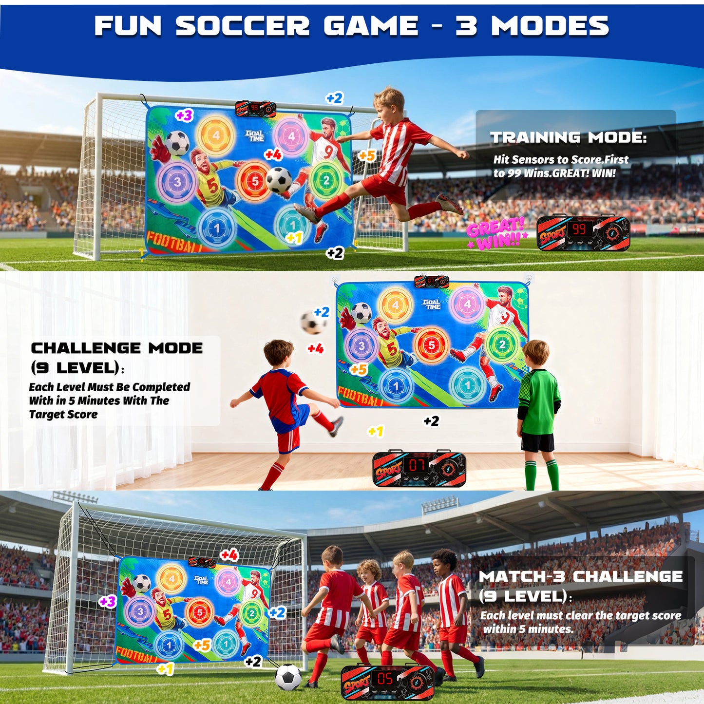 Electronic Scoring Soccer Toy Game Set for Kids, Indoor Outdoor Soccer Training Target with Real-Time Scoring, 2 Modes, Fabric Goal and 2 Soft Balls, Fun Sport Birthday Ages 3+
