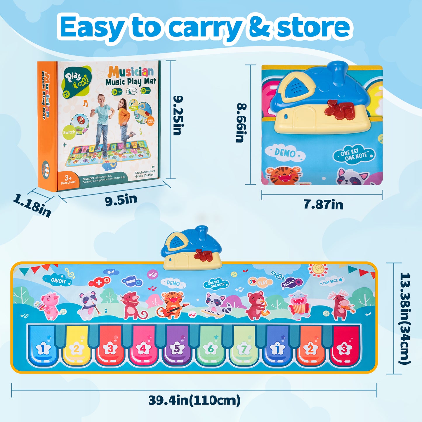 Piano Mat for Toddlers, 39.5in Musical Keyboard Floor Playmat, 10 Pianp Keys, 8 Instrument Sounds, Montessori Toys Gifts for 1-3 Year Boy Girl for Birthday Christma