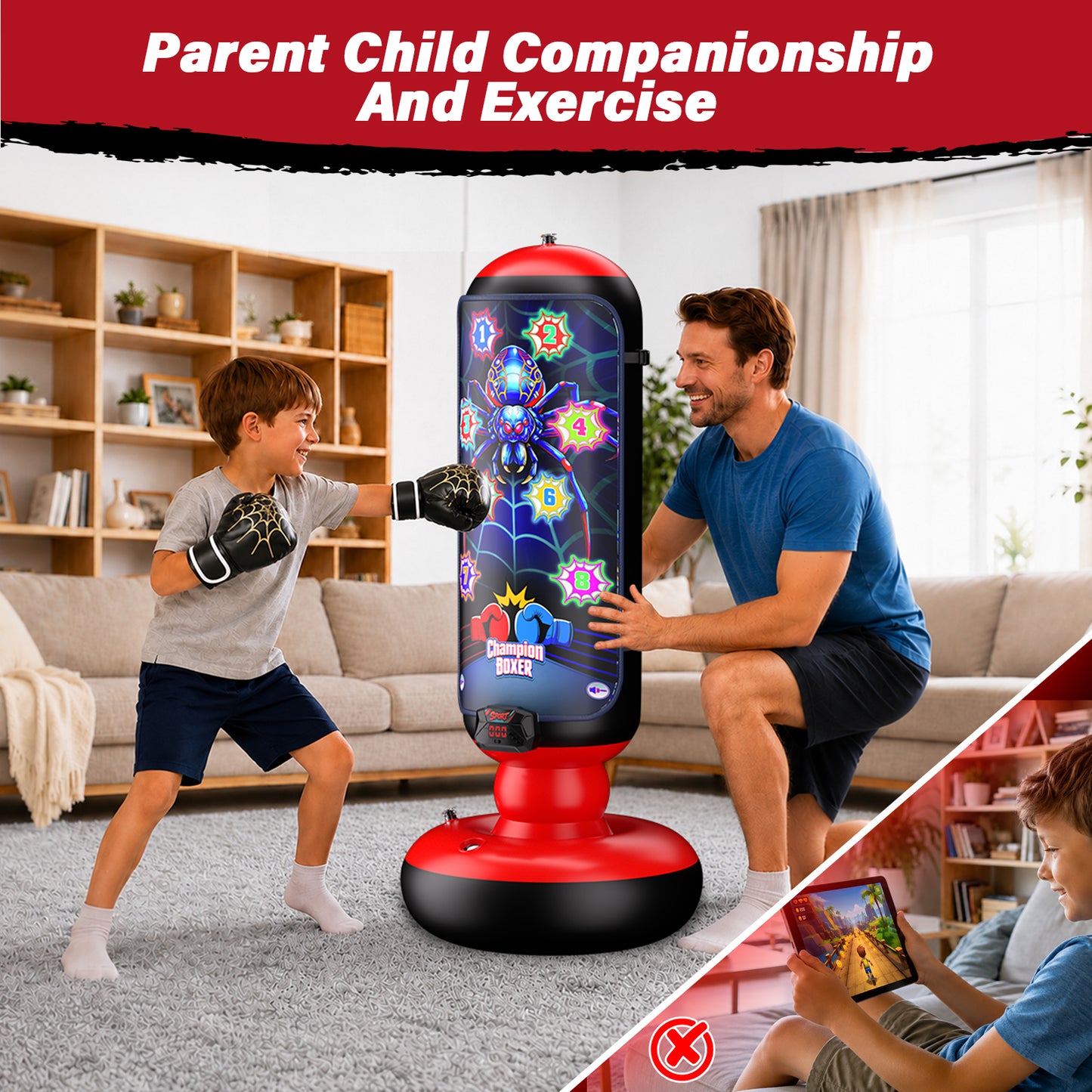 Punching Bag for Kids, Boxing bag with Light, Music, Scoring System, 4 Play Modes, Inflatable Boxing Toy with Gloves, Birthday Gifts Toys for 4-12 Years Boys and Girls