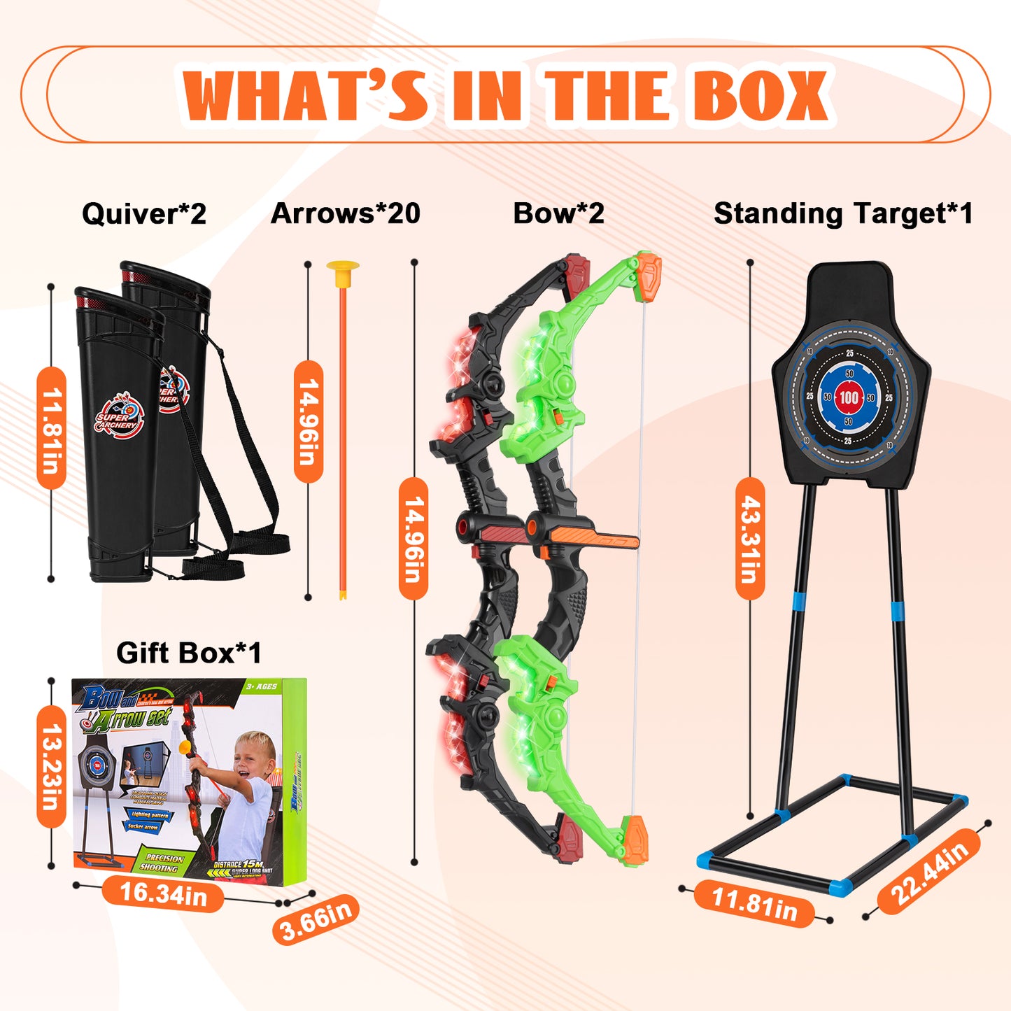 2 Pack Bow and Arrow Set for Kids, LED Light Up Archery Set with Sound Effects, 20 Suction Cup Arrows,1 Standing Target & 2 Quiver, Indoor and Outdoor Toy for Boys Girls Age 4-8 8-12 (Green&Red)