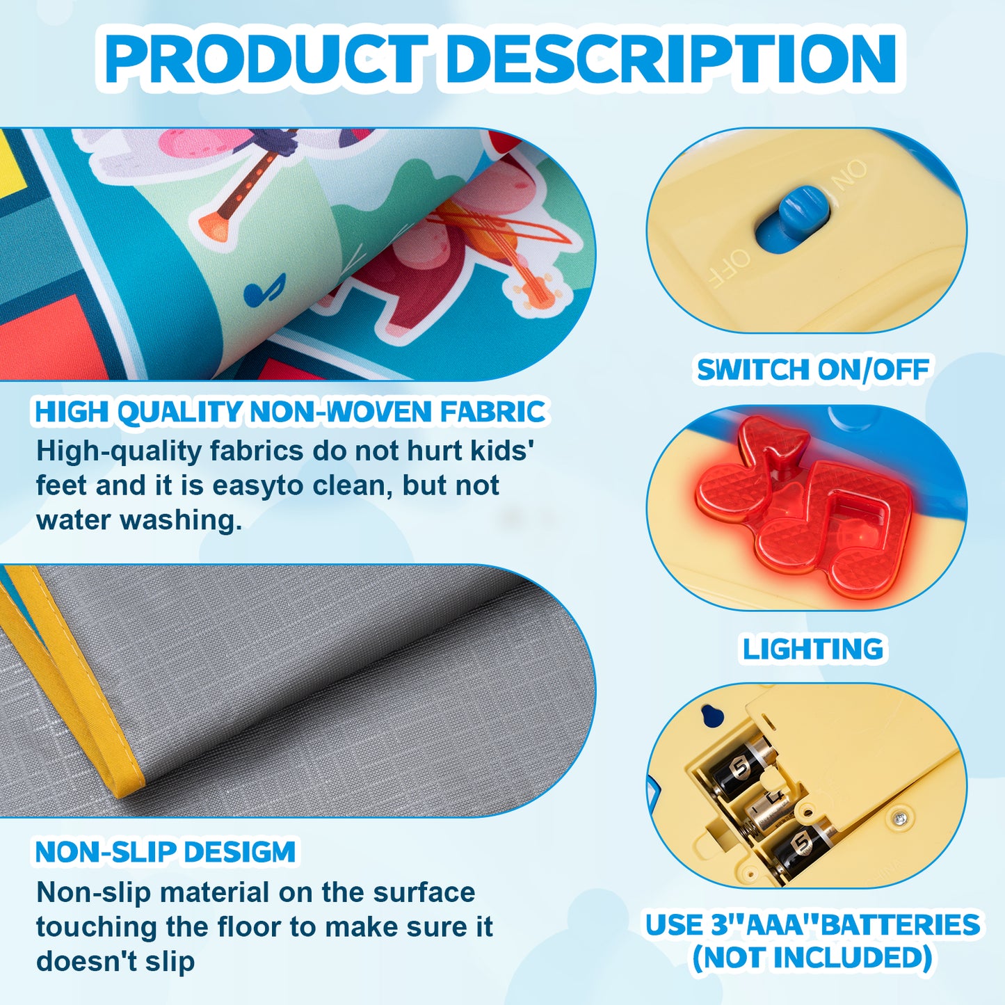 Piano Mat for Toddlers, 39.5in Musical Keyboard Floor Playmat, 10 Pianp Keys, 8 Instrument Sounds, Montessori Toys Gifts for 1-3 Year Boy Girl for Birthday Christma