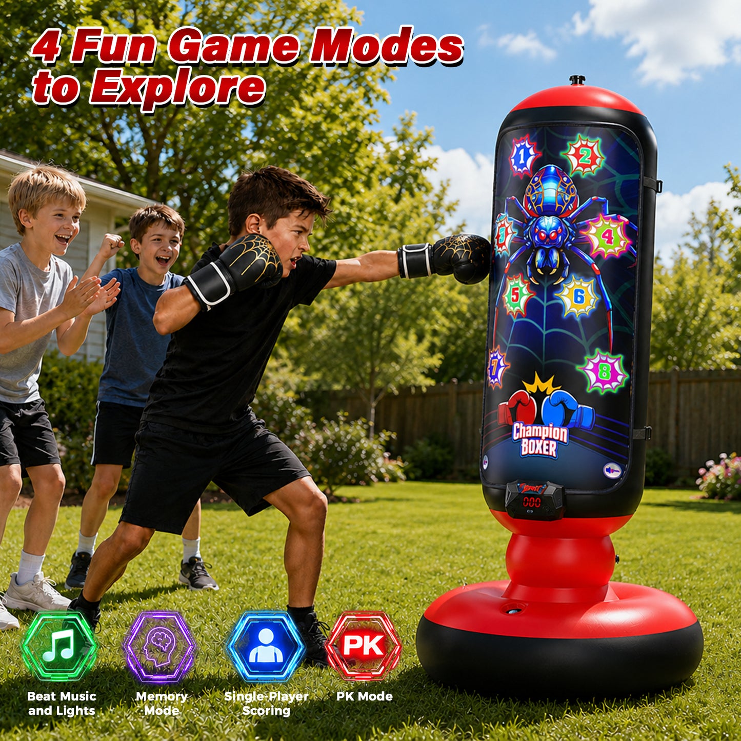 Punching Bag for Kids, Boxing bag with Light, Music, Scoring System, 4 Play Modes, Inflatable Boxing Toy with Gloves, Birthday Gifts Toys for 4-12 Years Boys and Girls