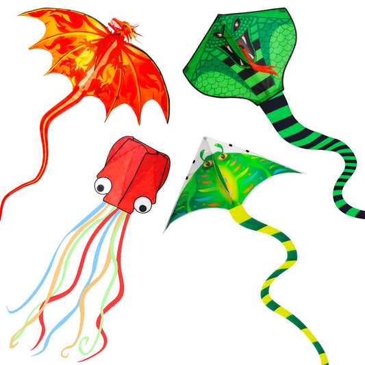 Crogift 4 Pack Kites Set Fire Dragon, Green Snake, Devil Fish, Red Octopus Easy Assembly & Flight Polyesters Kites for All Ages Kids Adults Outdoor Fun