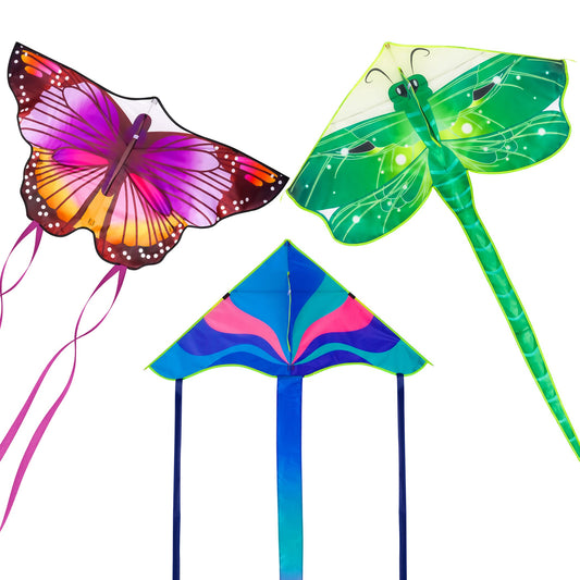 Crogift 3-Pack Large Kite Set Butterfly, Delta, and Dragonfly Easy to Fly Polyester Kites for Kids Ages 4-8 8-12 and Adults