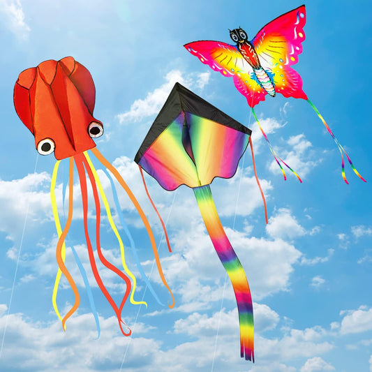 Crogift 3 Pack Kites Set for Kids & Adults Butterfly, Delta, and Octopus Polyester Kite Easy to Fly Assembly