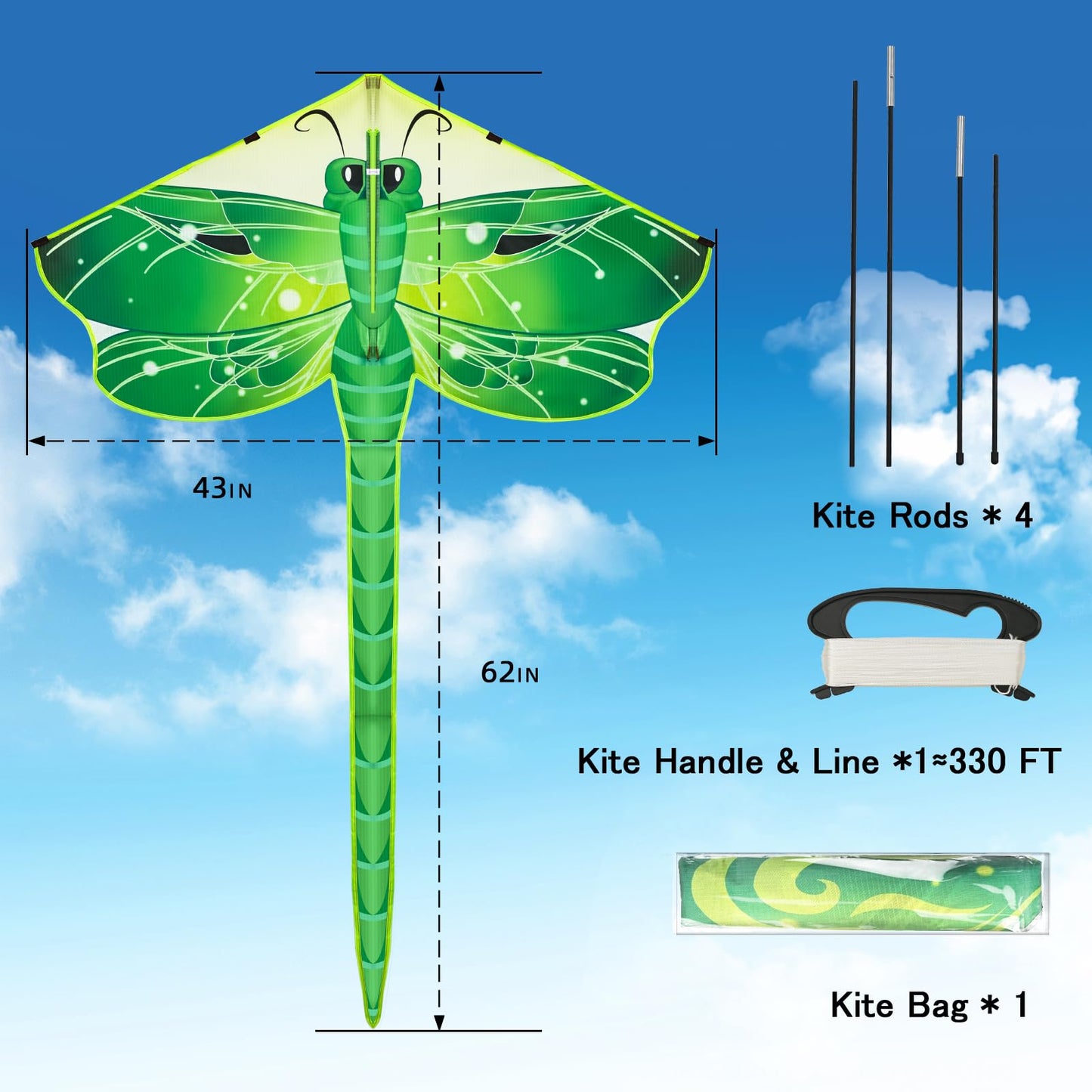 Crogift Kite Easy-Fly for Beginners Dragonfly Kites for Kids & Adults Polyester 60"x 30" Green