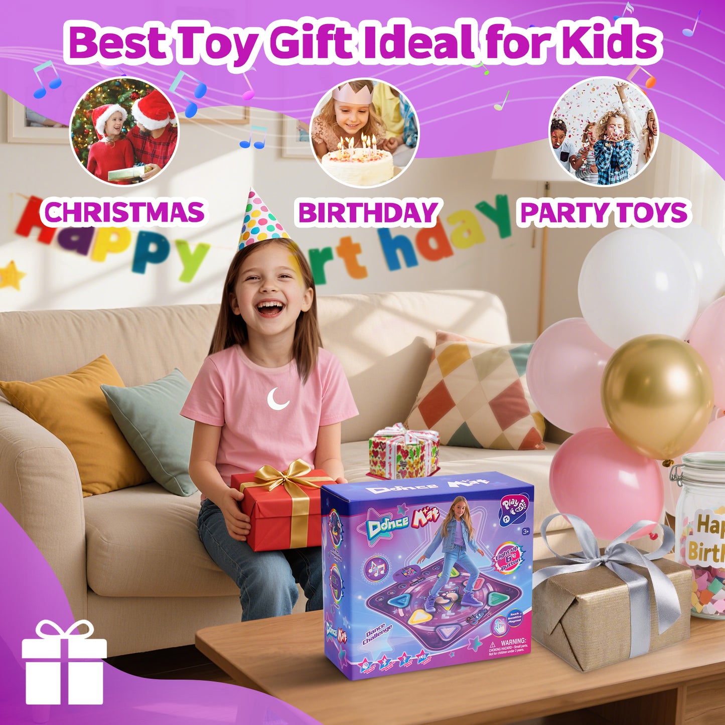 Dance Mat for Kids, Light-up Dance Pad with 6-Button Wireless Bluetooth, Music Dance with 5 Game Modes, Christmas Birthday Gifts for 3 4 5 6 7 8 9 10+ Year Old Girls Boys