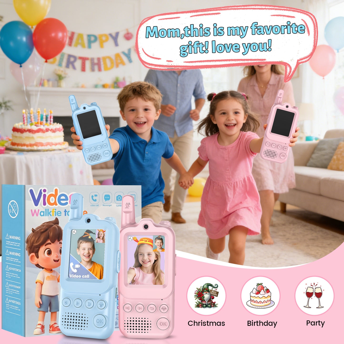 Video Walkie Talkies for Kids, Handheld 2 Pack Rechargeable Video Intercom Kids Walkies Talkies, with HD Camera & Voice Changer, Gifts for Boys & Girls Ages 3–10 (Pink+Blue)