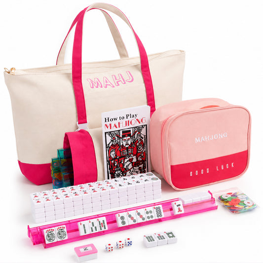 American Mahjong Set, 166 White Tiles 4 All-in-One Color Rack/Pushers Mahjong Tiles Set, Complete Travel Mahjong Set with Pink Carrying Bag
