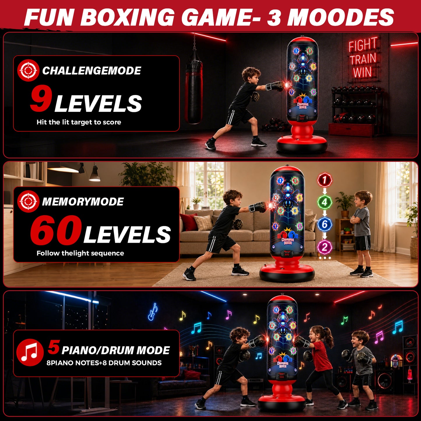 Punching Bag for Kids, Boxing bag with Light, Music, Scoring System, 4 Play Modes, Inflatable Boxing Toy with Gloves, Birthday Gifts Toys for 4-12 Years Boys and Girls