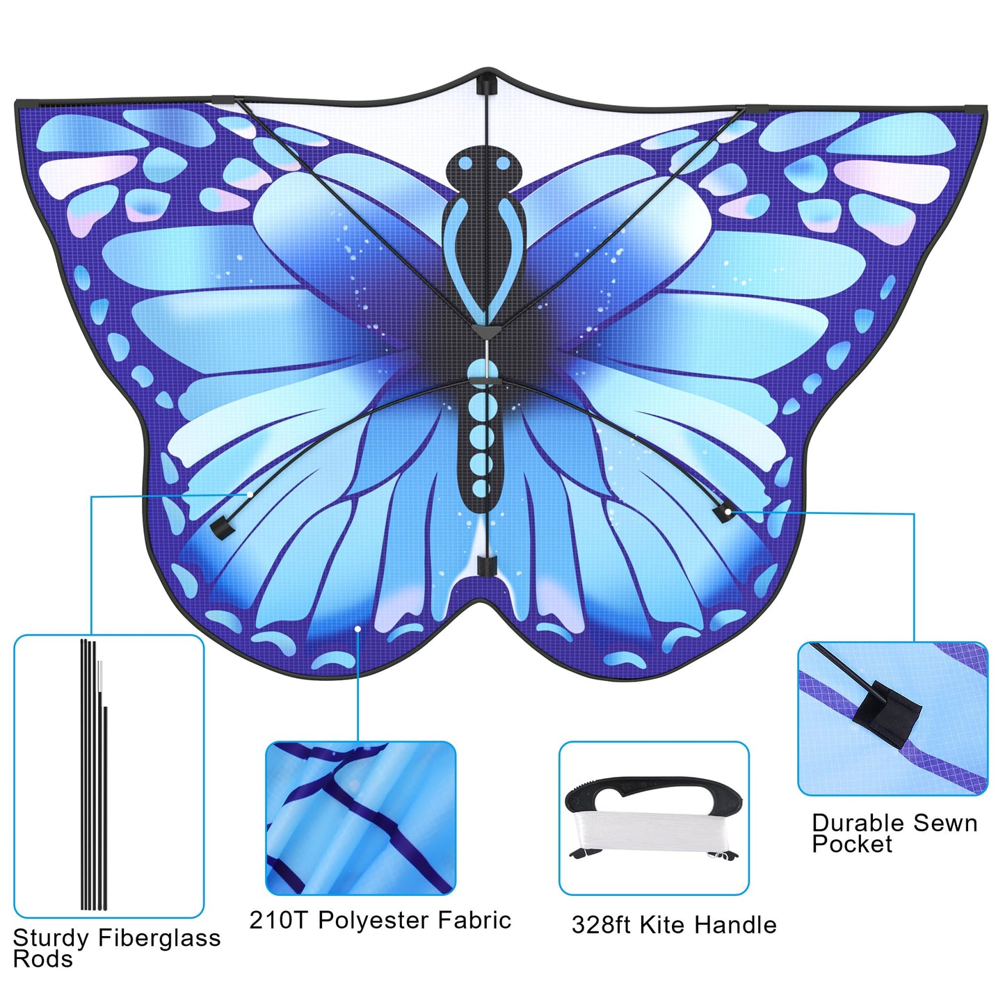 Crogift Butterfly Kites for Adults Easy to Fly for Polyester Beginner Kite for kids Ages 4-8 8-12(Blue)