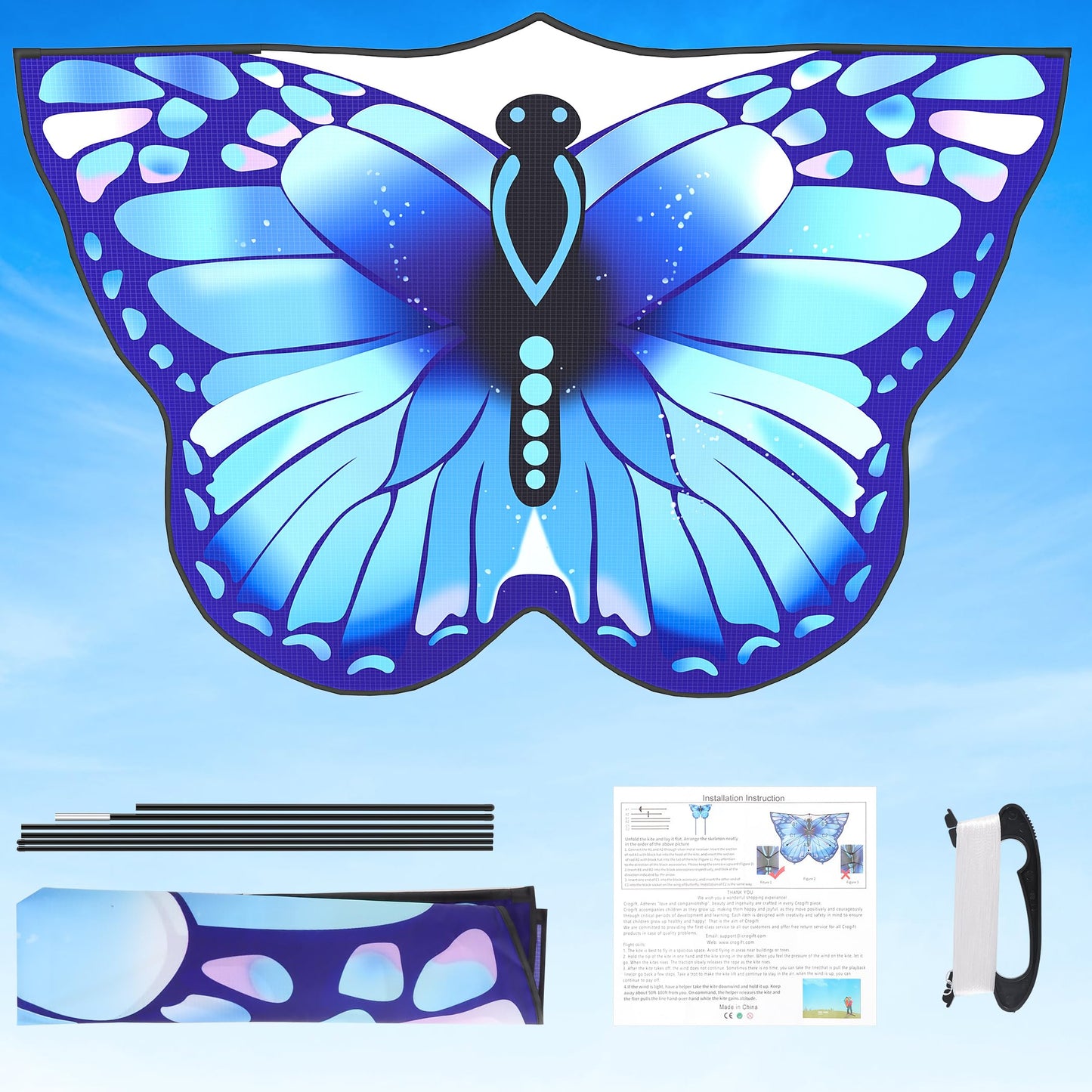 Crogift Butterfly Kites for Adults Easy to Fly for Polyester Beginner Kite for kids Ages 4-8 8-12(Blue)